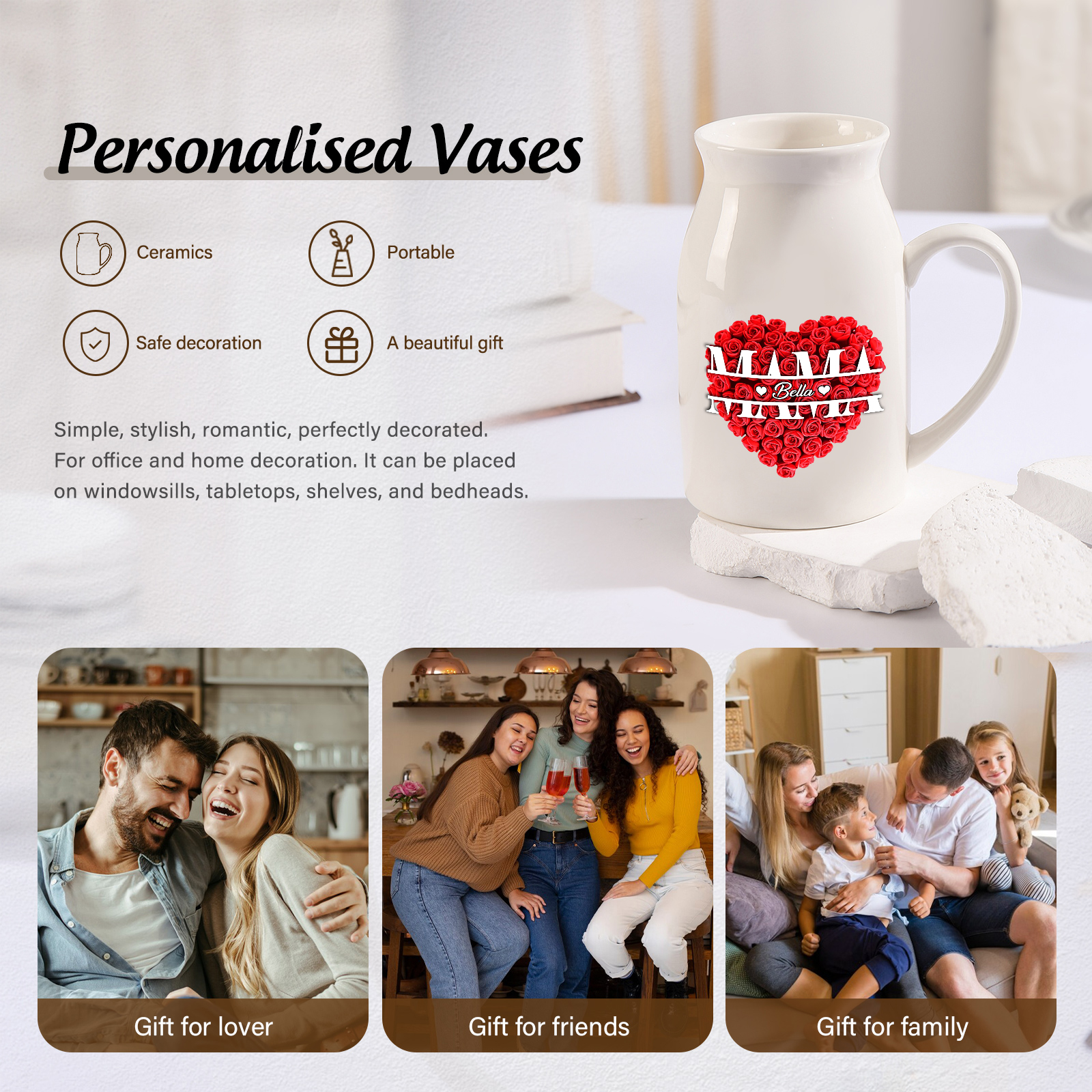 Personalisierte 1 Name Rotes Rosa Gießvase mit Henkel Mama Vase-Pefektes Geschenk für Mama