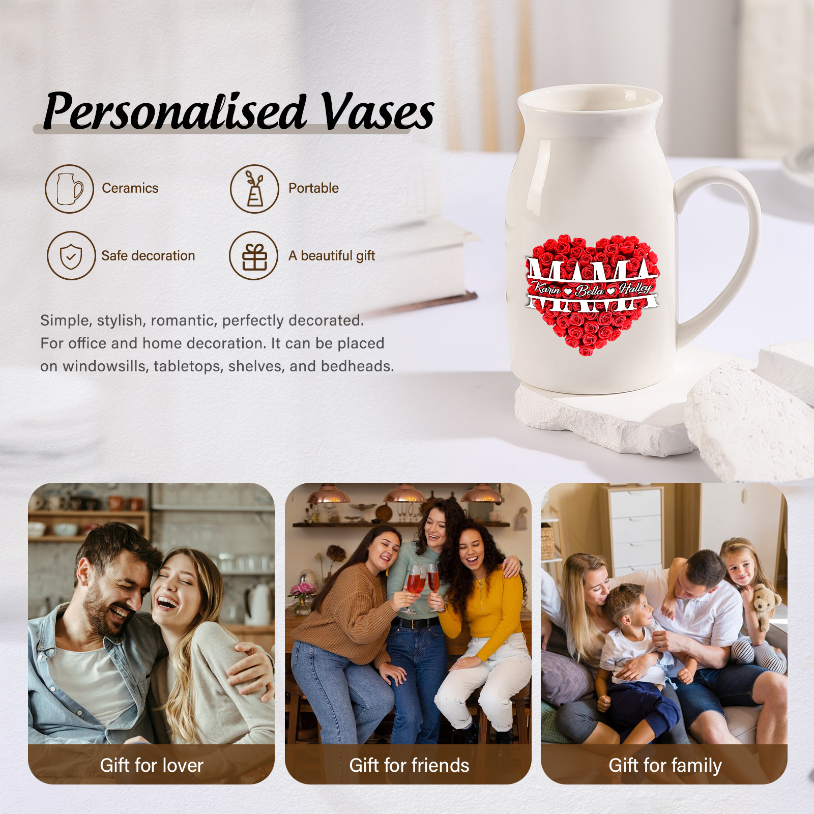 Personalisierte 3 Namen Rotes Rosa Gießvase mit Henkel Mama Vase-Pefektes Geschenk für Mama