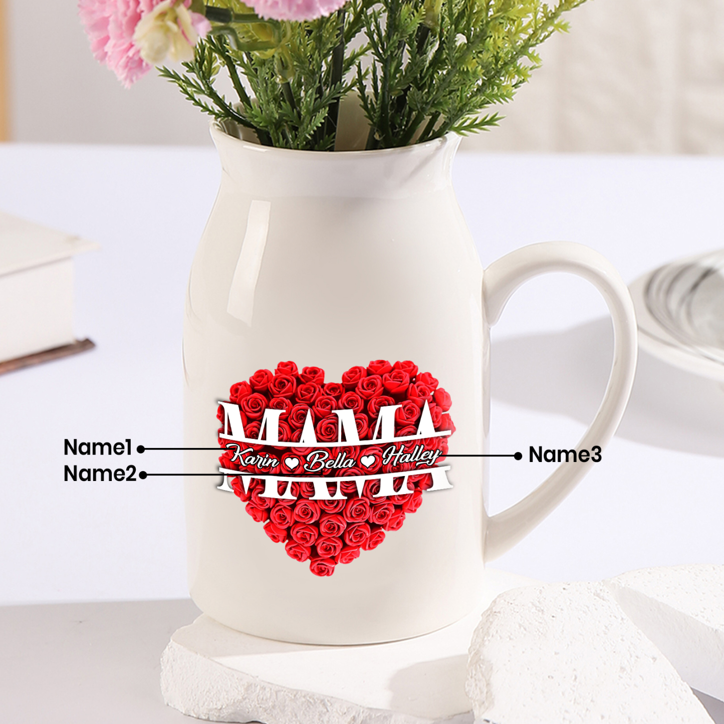 Personalisierte 3 Namen Rotes Rosa Gießvase mit Henkel Mama Vase-Pefektes Geschenk für Mama
