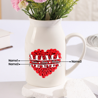 Personalisierte 3 Namen Rotes Rosa Gießvase mit Henkel Mama Vase-Pefektes Geschenk für Mama