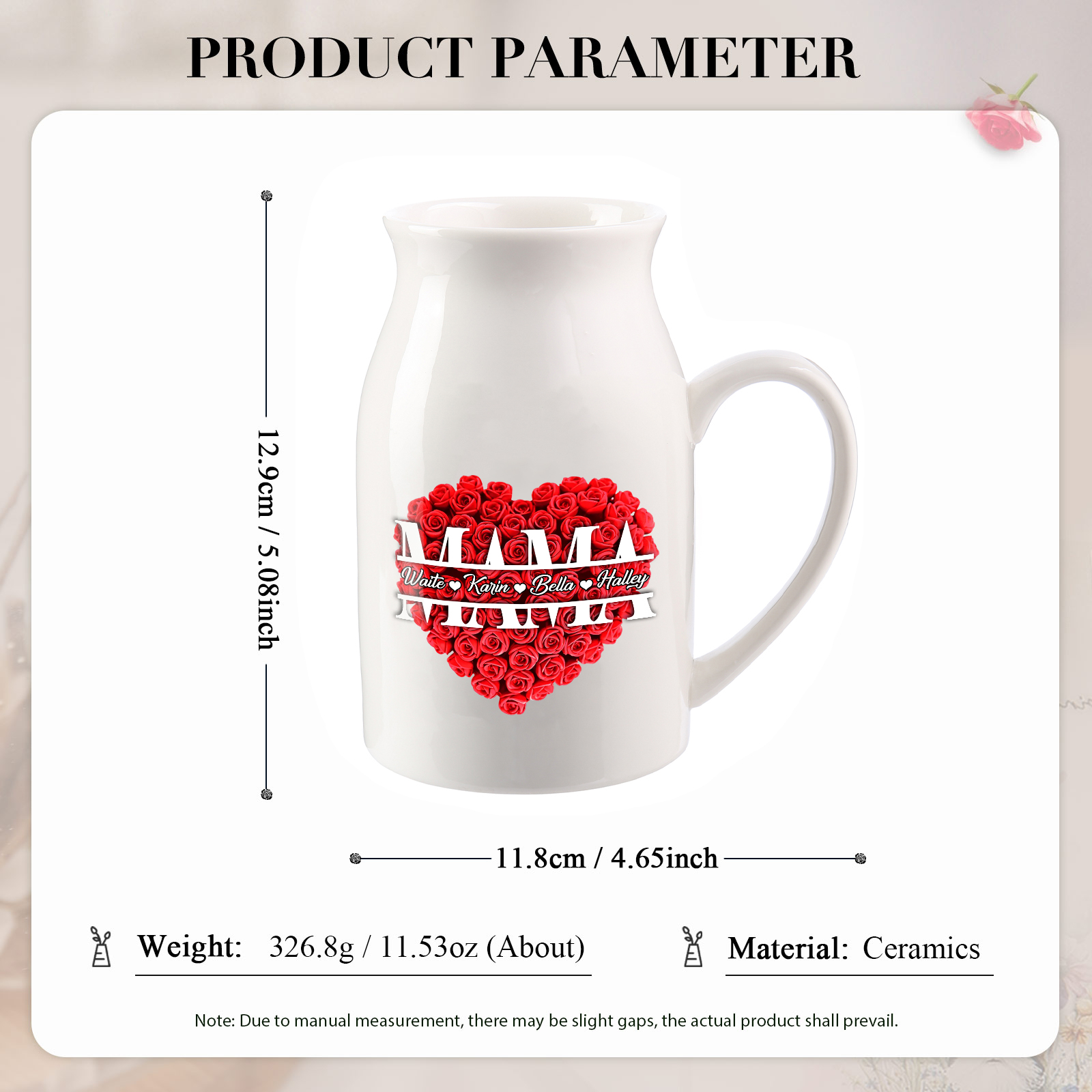 Personalisierte 4 Namen Rotes Rosa Gießvase mit Henkel Mama Vase-Pefektes Geschenk für Mama
