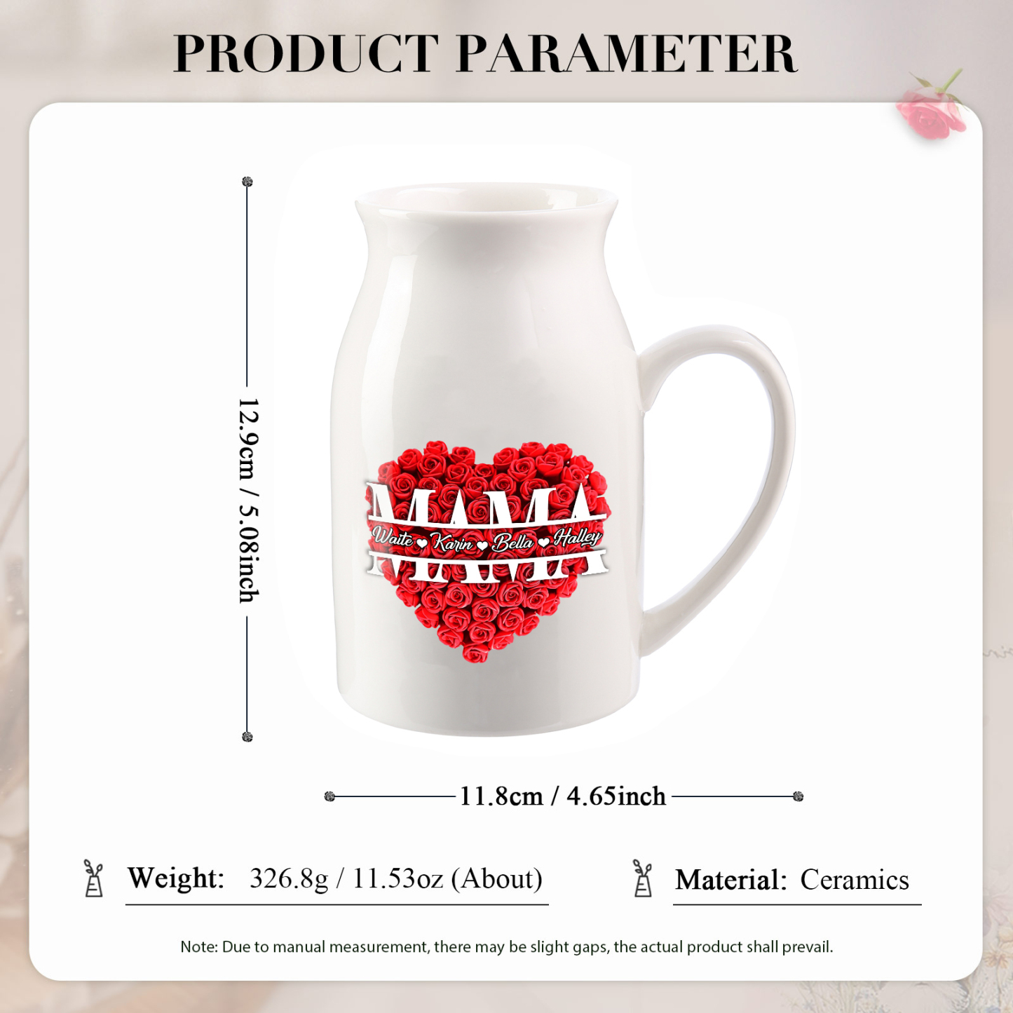 Personalisierte 4 Namen Rotes Rosa Gießvase mit Henkel Mama Vase-Pefektes Geschenk für Mama