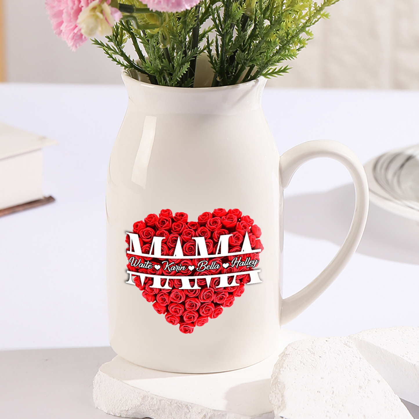 Personalisierte 4 Namen Rotes Rosa Gießvase mit Henkel Mama Vase-Pefektes Geschenk für Mama