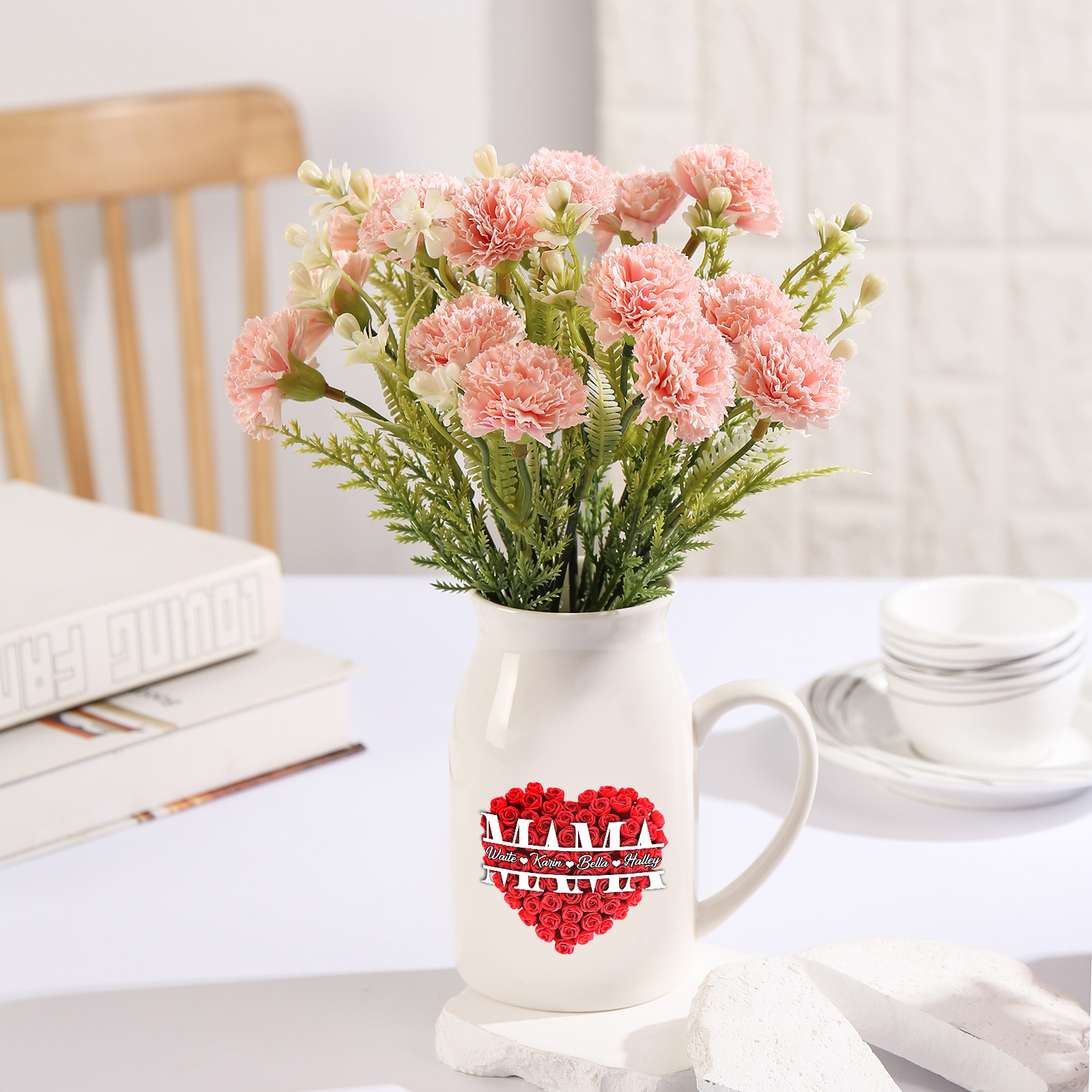 Personalisierte 4 Namen Rotes Rosa Gießvase mit Henkel Mama Vase-Pefektes Geschenk für Mama
