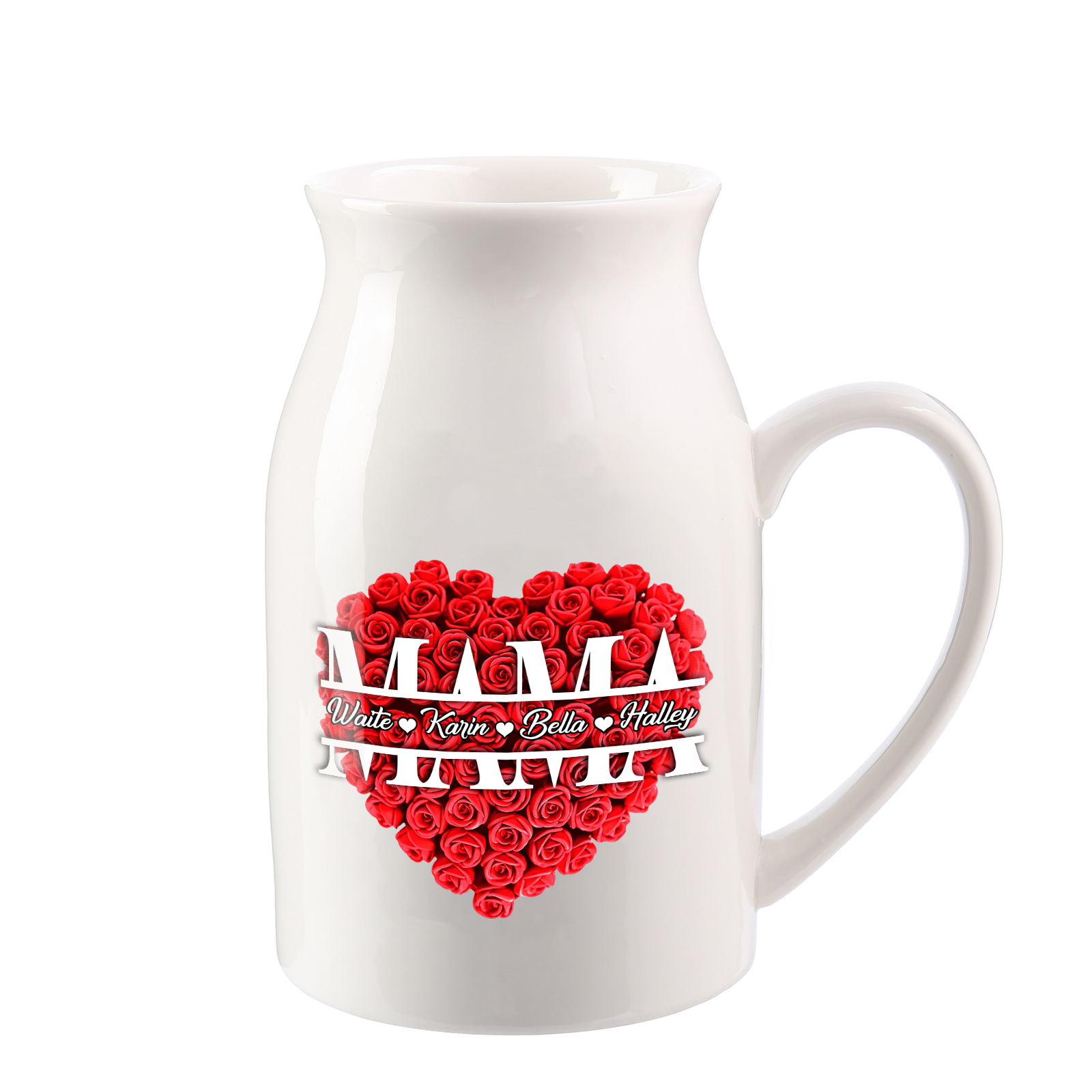 Personalisierte 4 Namen Rotes Rosa Gießvase mit Henkel Mama Vase-Pefektes Geschenk für Mama