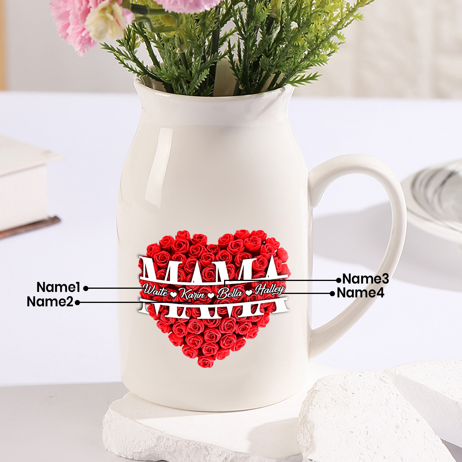 Personalisierte 4 Namen Rotes Rosa Gießvase mit Henkel Mama Vase-Pefektes Geschenk für Mama