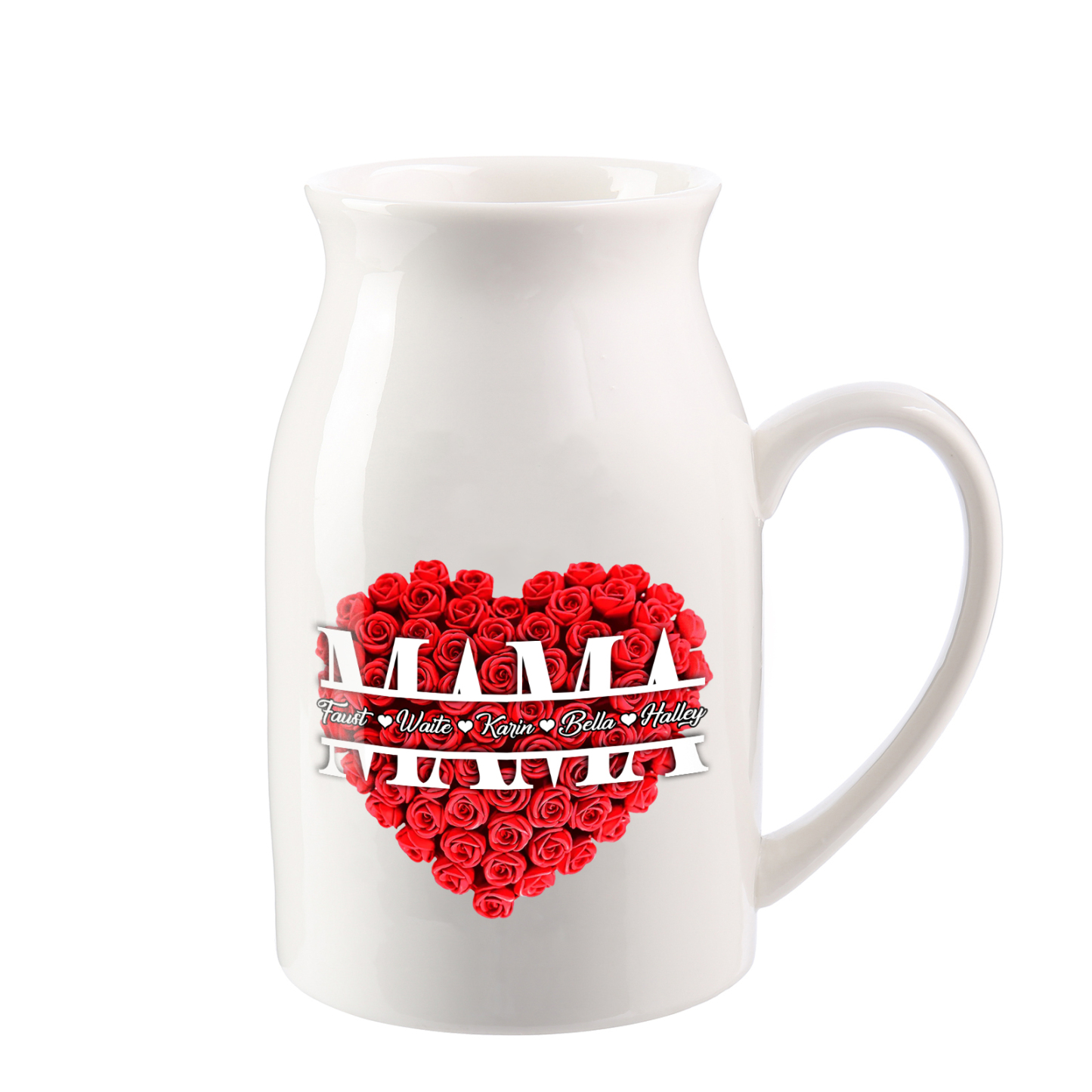 Personalisierte 5 Namen Rotes Rosa Gießvase mit Henkel Mama Vase-Pefektes Geschenk für Mama