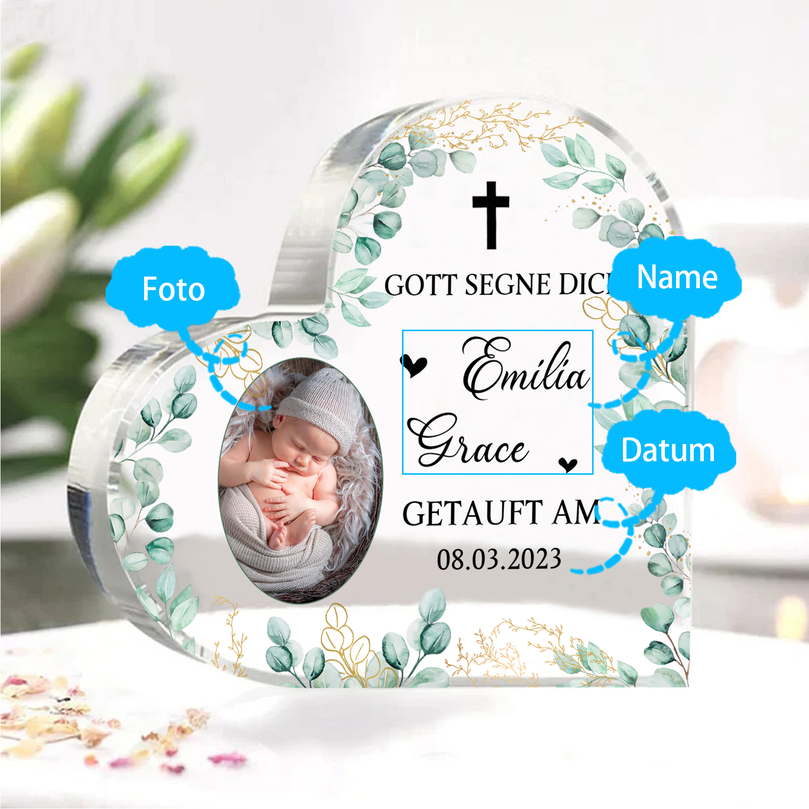 Personalisierter 1 Name & Datum & Foto Acryl-Deko-zur Konfirmation/Kommunion Schreibtischdekoration-für Sohn/Tochter