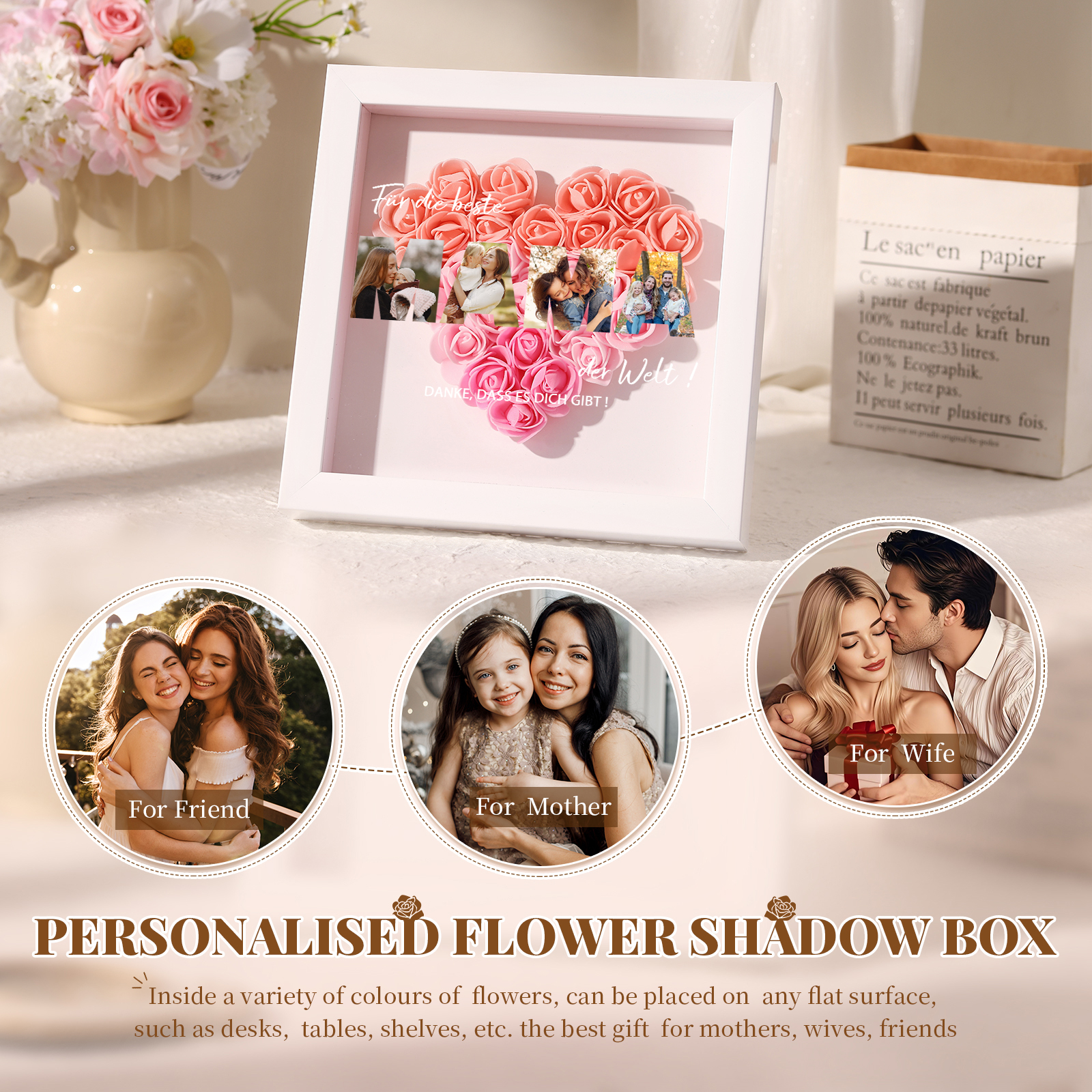 Mama Dichteplattenrahmen Deko-Personalisierbare 4 Fotos-Für die beste MAMA der Welt-Blume Ornament für Mutter