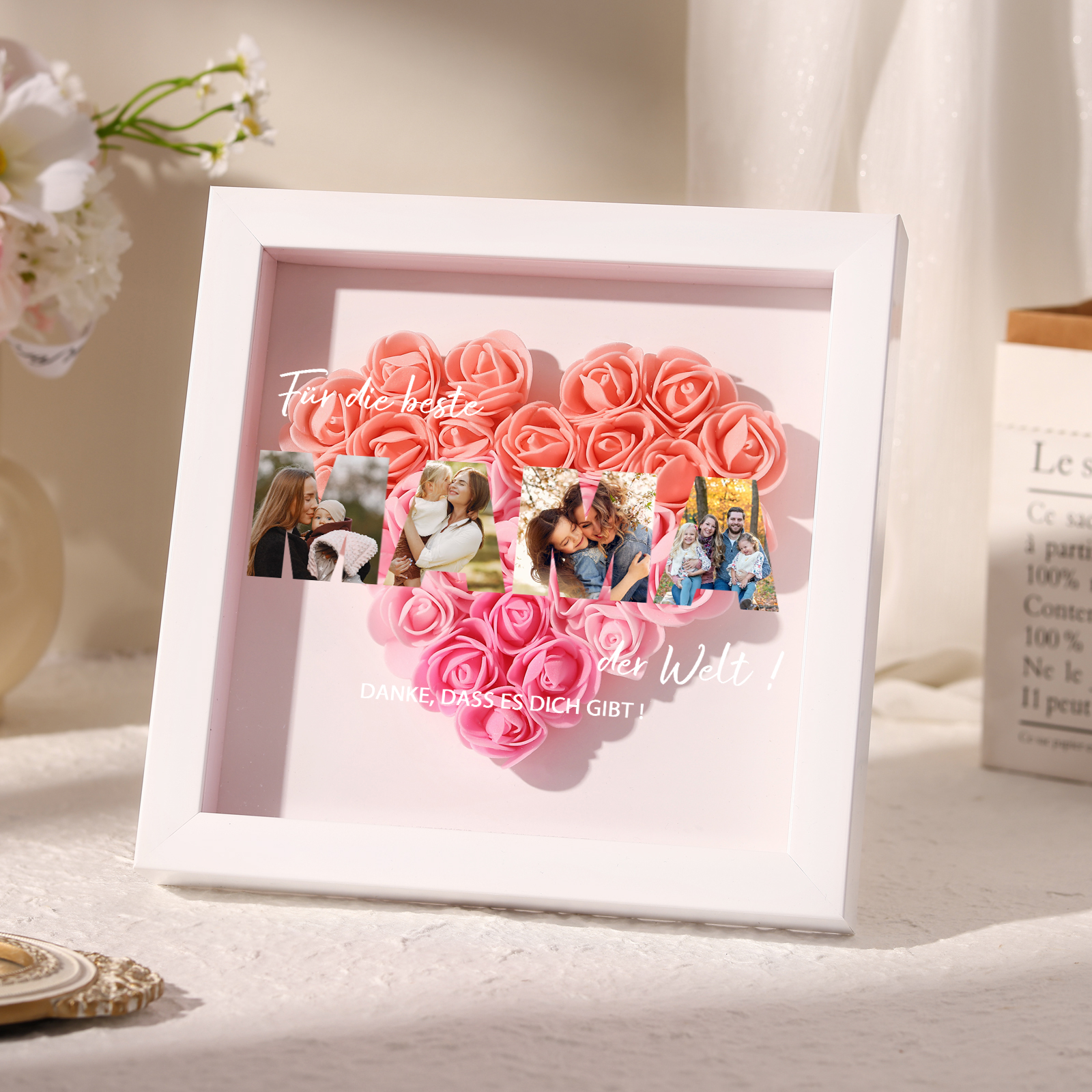 Mama Dichteplattenrahmen Deko-Personalisierbare 4 Fotos-Für die beste MAMA der Welt-Blume Ornament für Mutter