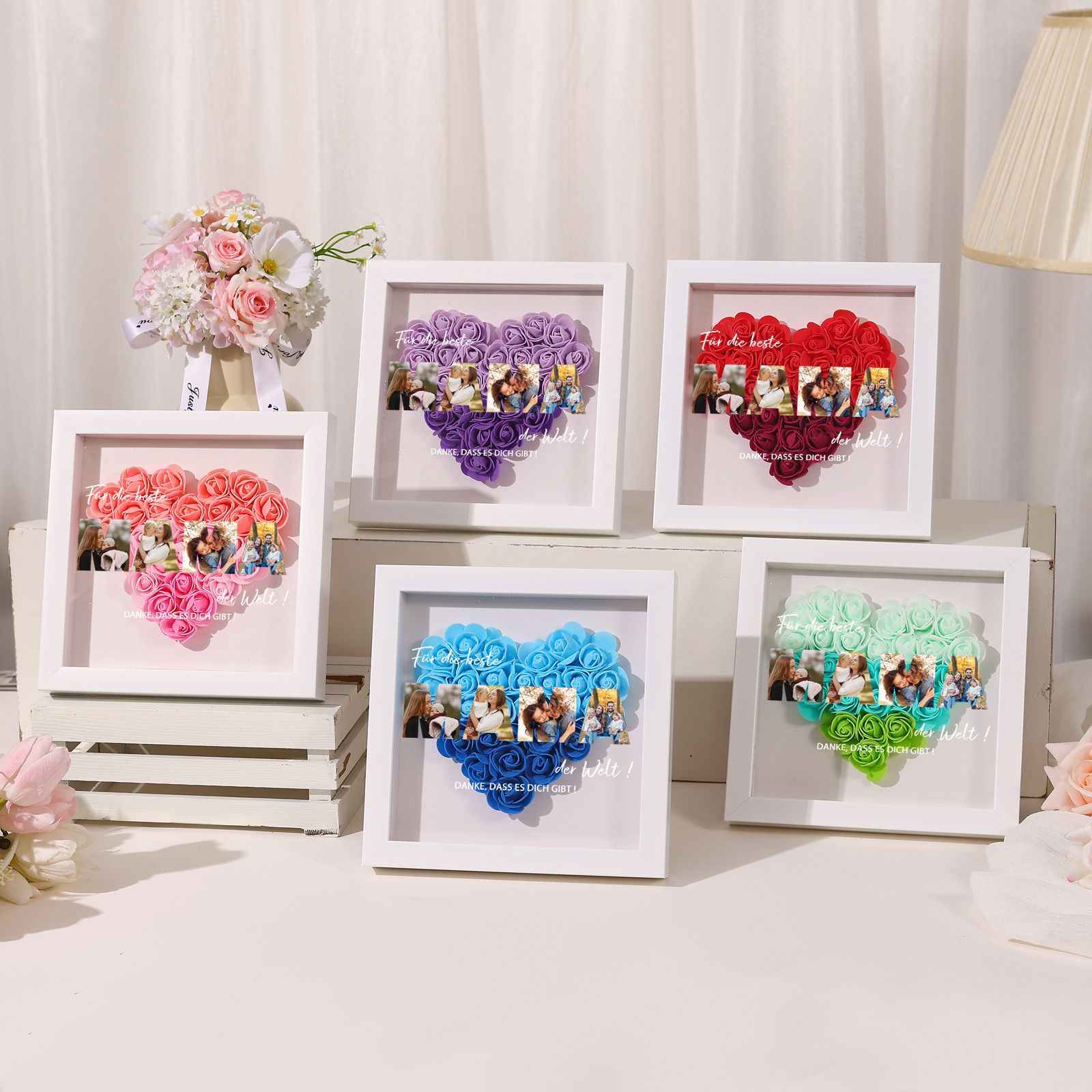Mama Dichteplattenrahmen Deko-Personalisierbare 4 Fotos-Für die beste MAMA der Welt-Blume Ornament für Mutter