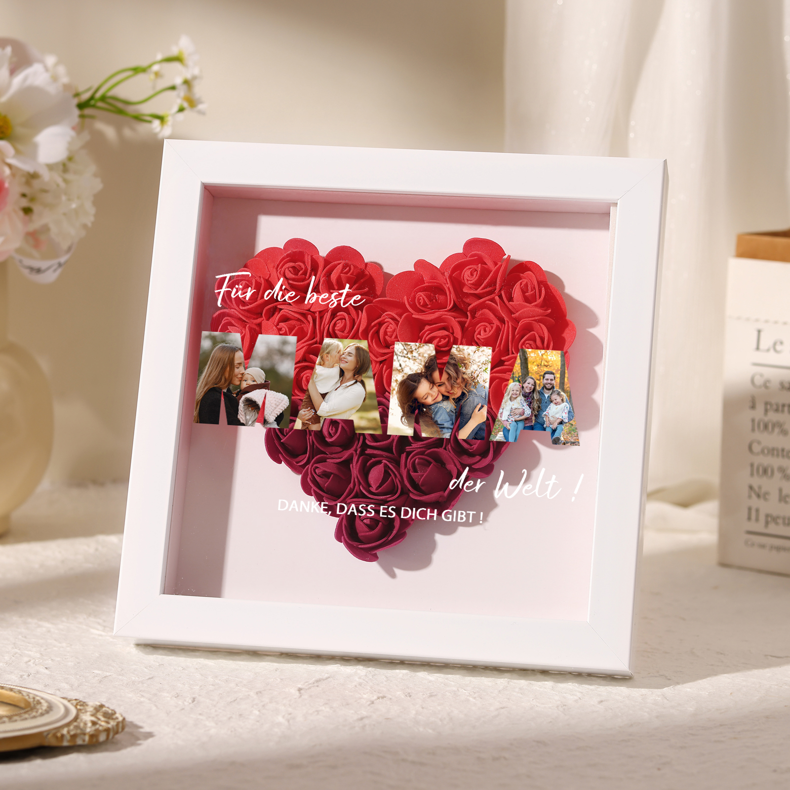 Mama Dichteplattenrahmen Deko-Personalisierbare 4 Fotos-Für die beste MAMA der Welt-Blume Ornament für Mutter
