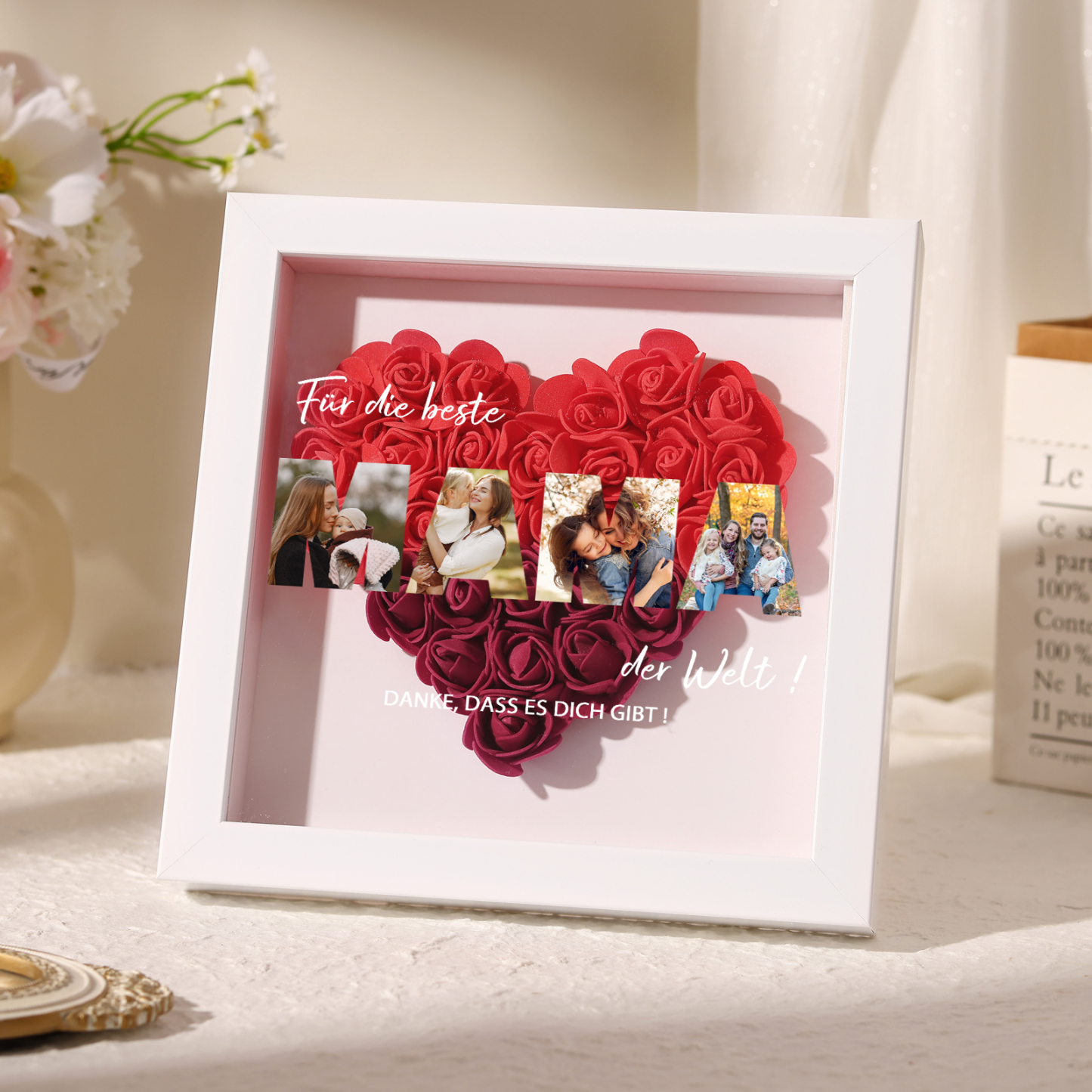 Mama Dichteplattenrahmen Deko-Personalisierbare 4 Fotos-Für die beste MAMA der Welt-Blume Ornament für Mutter