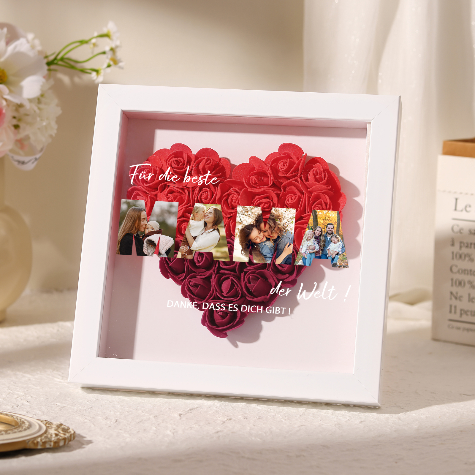 Mama Dichteplattenrahmen Deko-Personalisierbare 4 Fotos-Für die beste MAMA der Welt-Blume Ornament für Mutter