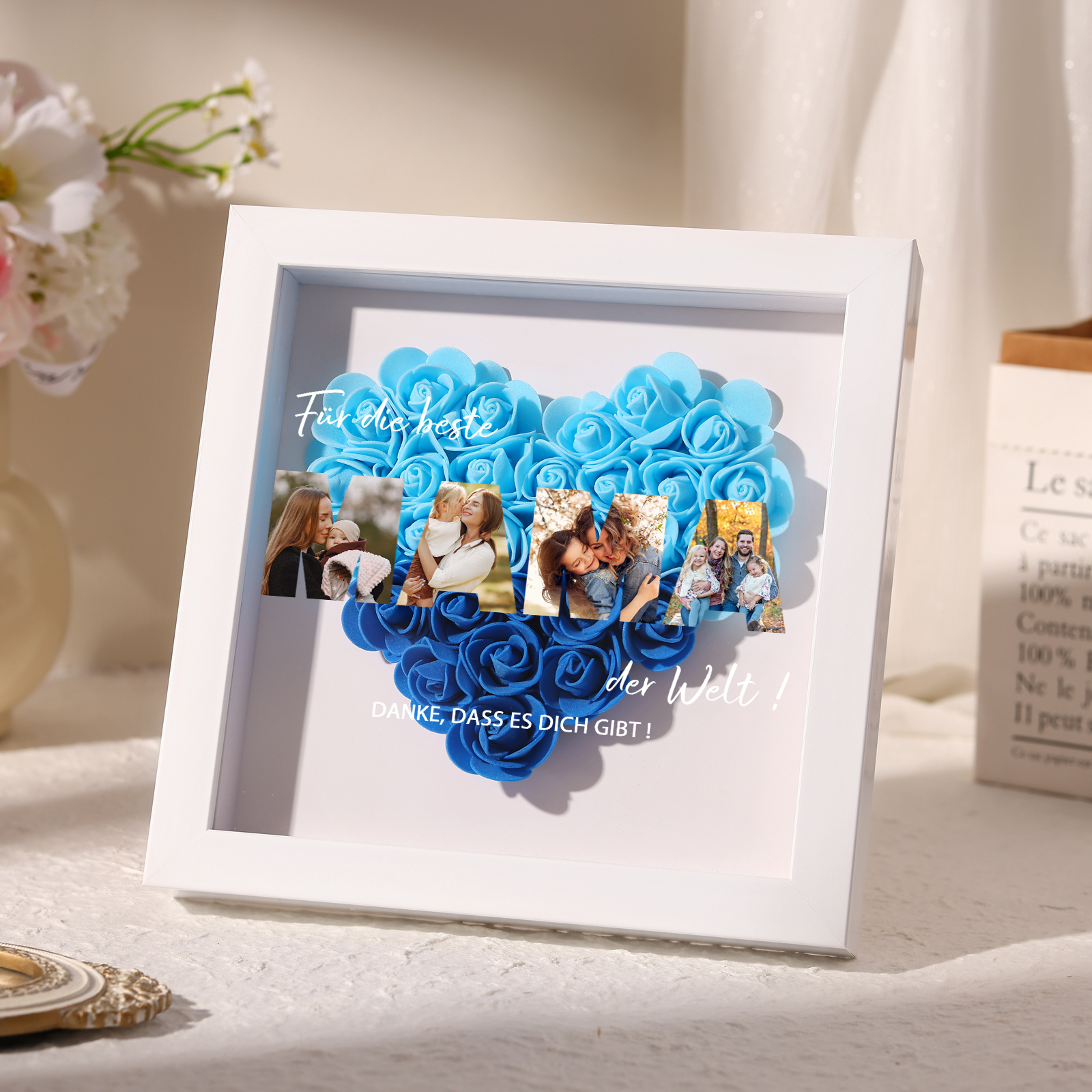 Mama Dichteplattenrahmen Deko-Personalisierbare 4 Fotos-Für die beste MAMA der Welt-Blume Ornament für Mutter