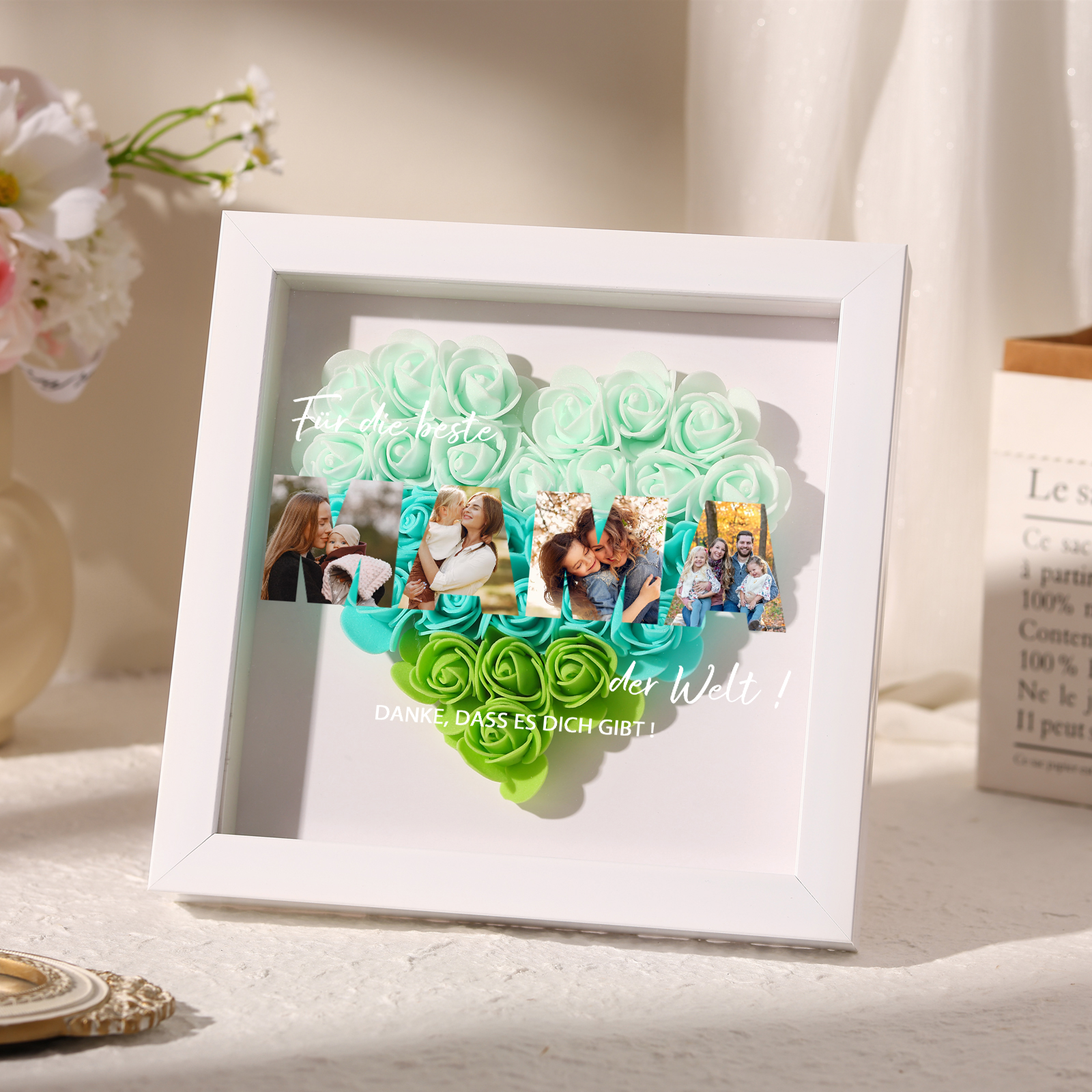 Mama Dichteplattenrahmen Deko-Personalisierbare 4 Fotos-Für die beste MAMA der Welt-Blume Ornament für Mutter