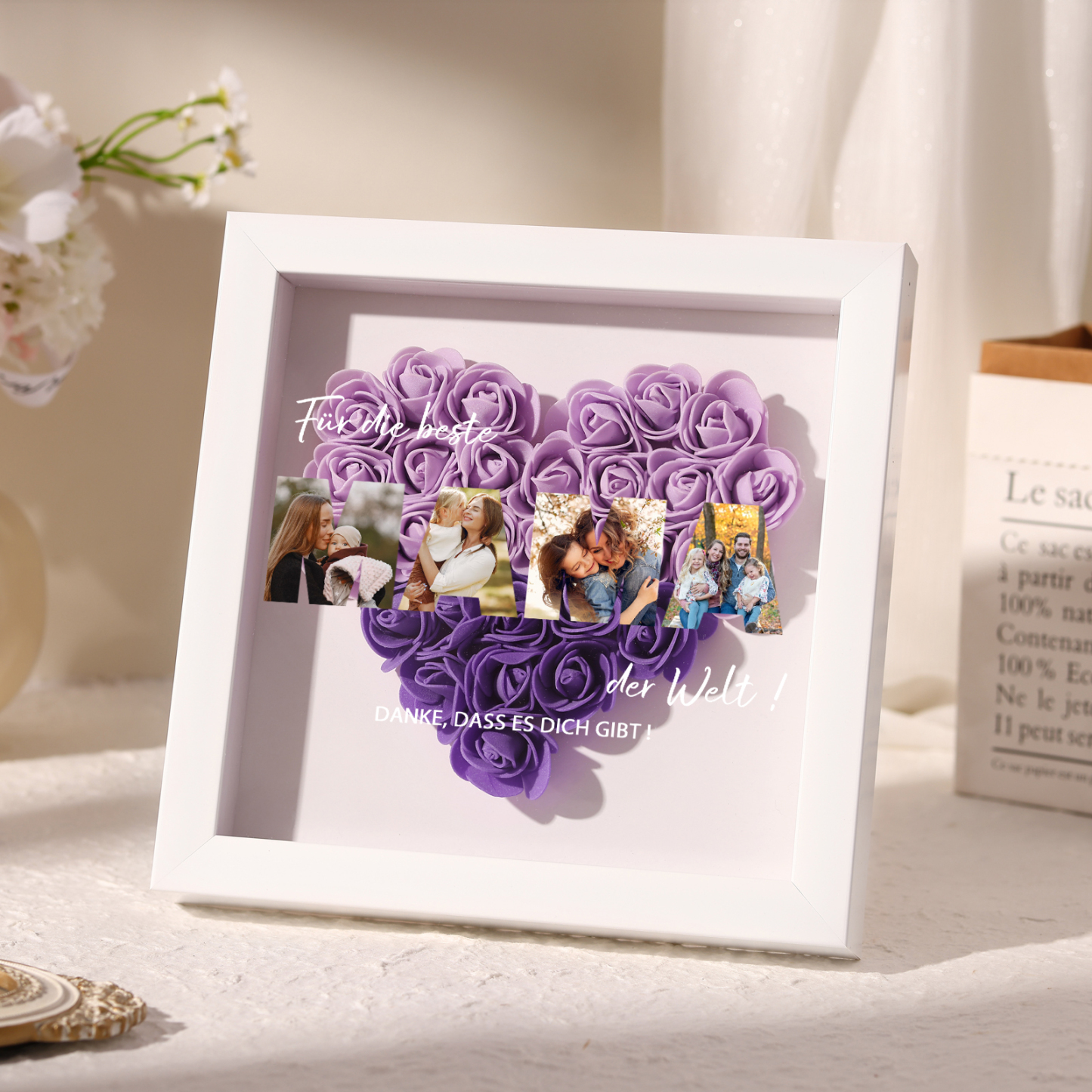 Mama Dichteplattenrahmen Deko-Personalisierbare 4 Fotos-Für die beste MAMA der Welt-Blume Ornament für Mutter