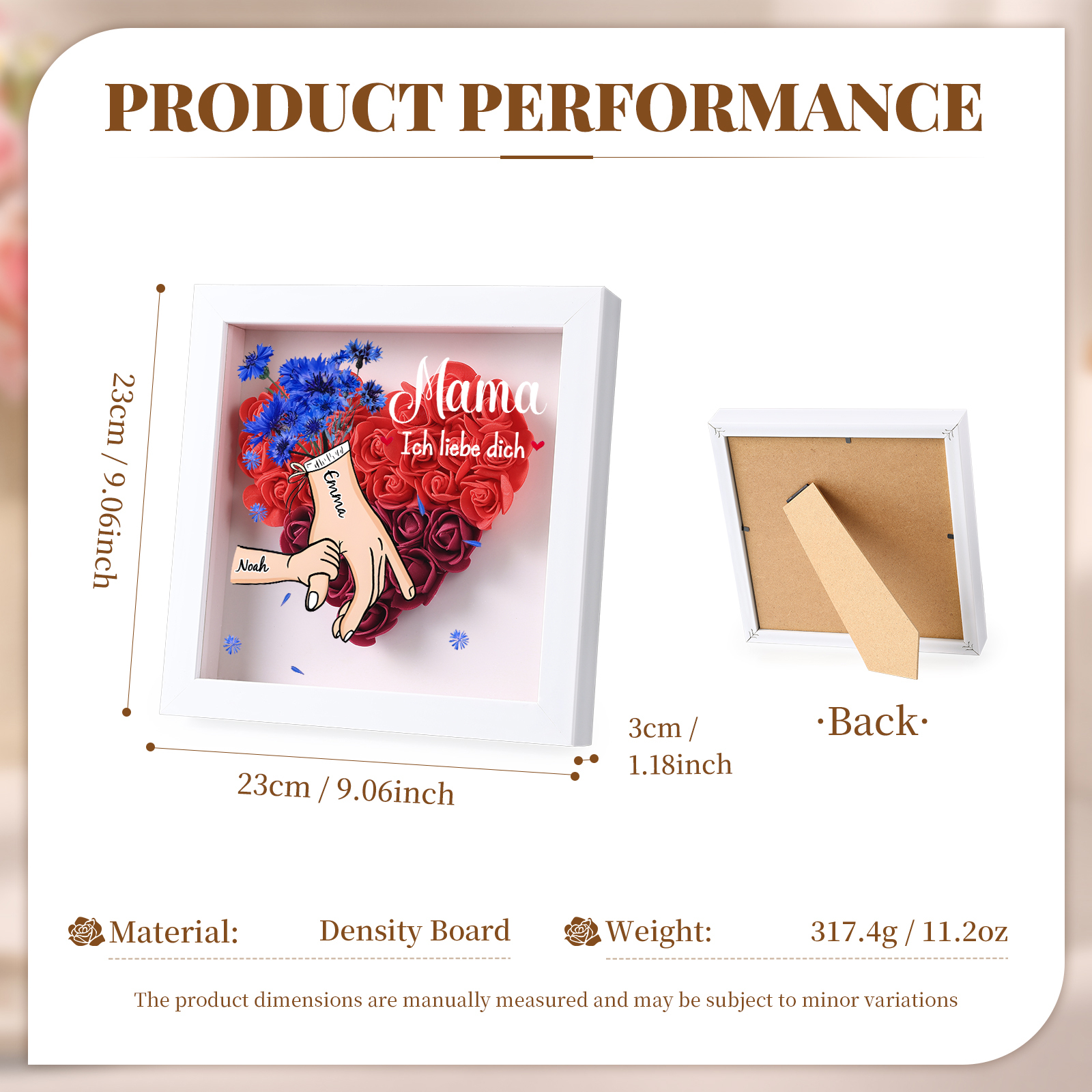 Mama Dichteplattenrahmen Deko-Personalisierbare 1 Name & Mama-Hand in Hand-Blume Ornament für Mutter