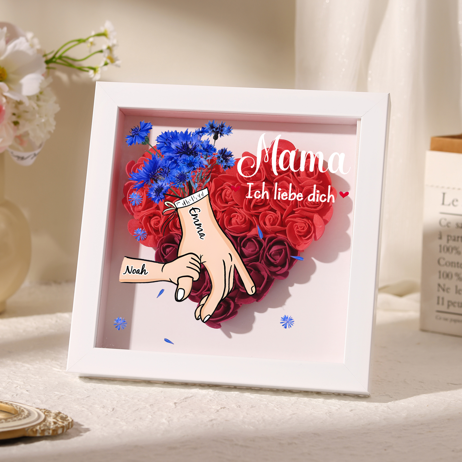 Mama Dichteplattenrahmen Deko-Personalisierbare 1 Name & Mama-Hand in Hand-Blume Ornament für Mutter
