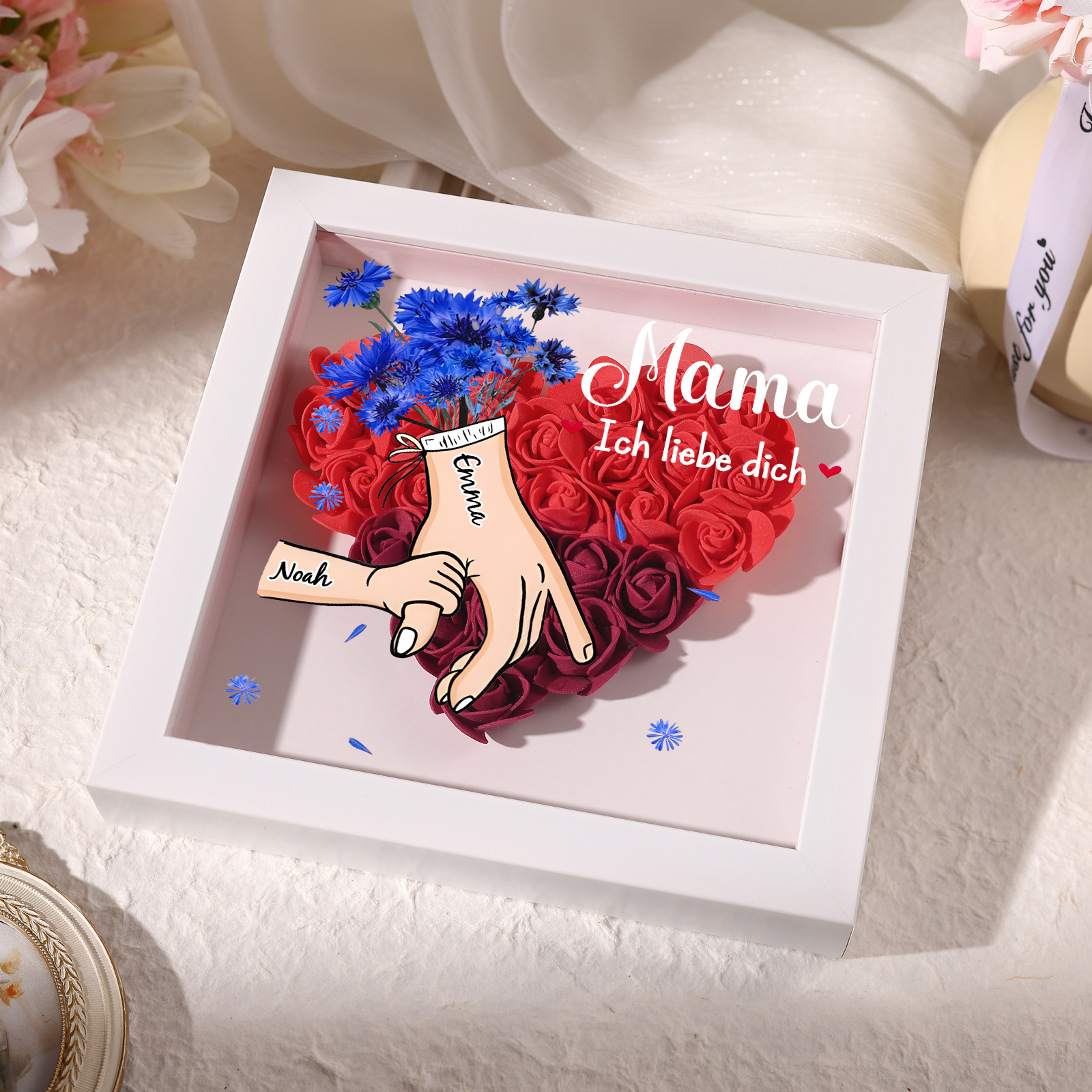 Mama Dichteplattenrahmen Deko-Personalisierbare 1 Name & Mama-Hand in Hand-Blume Ornament für Mutter
