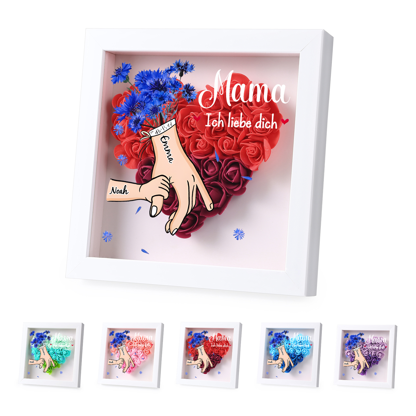 Mama Dichteplattenrahmen Deko-Personalisierbare 1 Name & Mama-Hand in Hand-Blume Ornament für Mutter