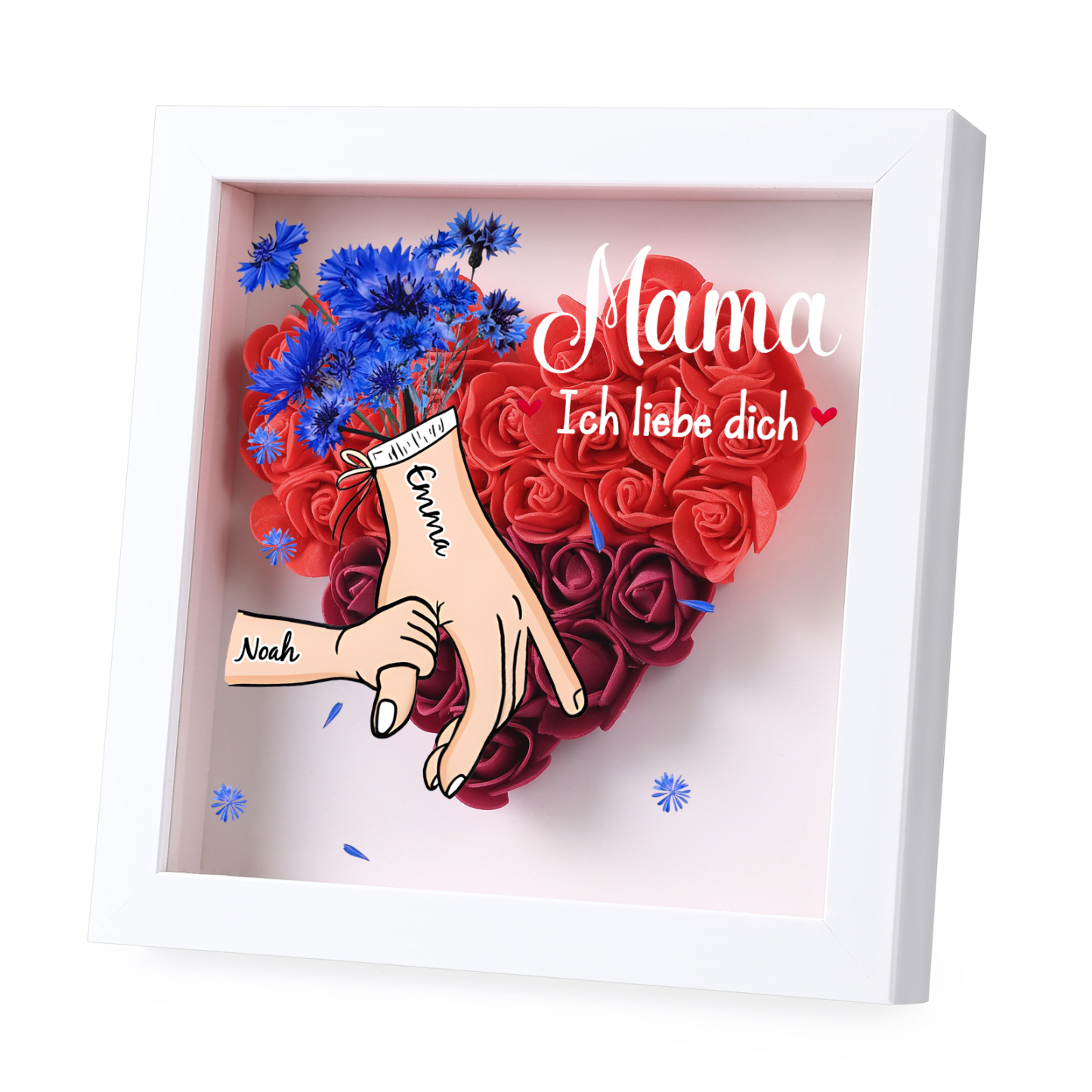 Mama Dichteplattenrahmen Deko-Personalisierbare 1 Name & Mama-Hand in Hand-Blume Ornament für Mutter