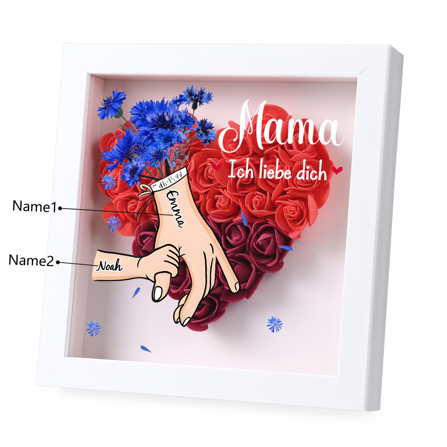Mama Dichteplattenrahmen Deko-Personalisierbare 1 Name & Mama-Hand in Hand-Blume Ornament für Mutter