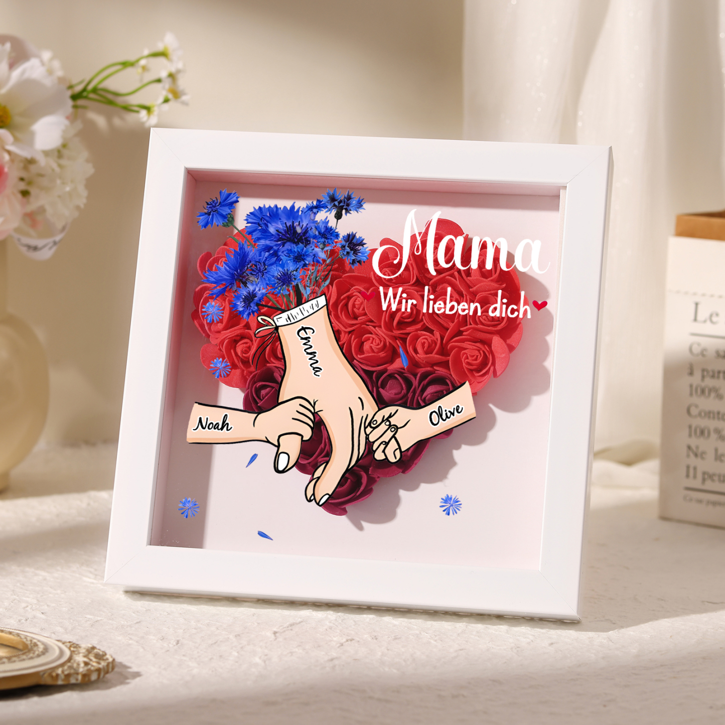 Mama Dichteplattenrahmen Deko-Personalisierbare 2-6 Namen-Hand in Hand-Blume Ornament für Mutter