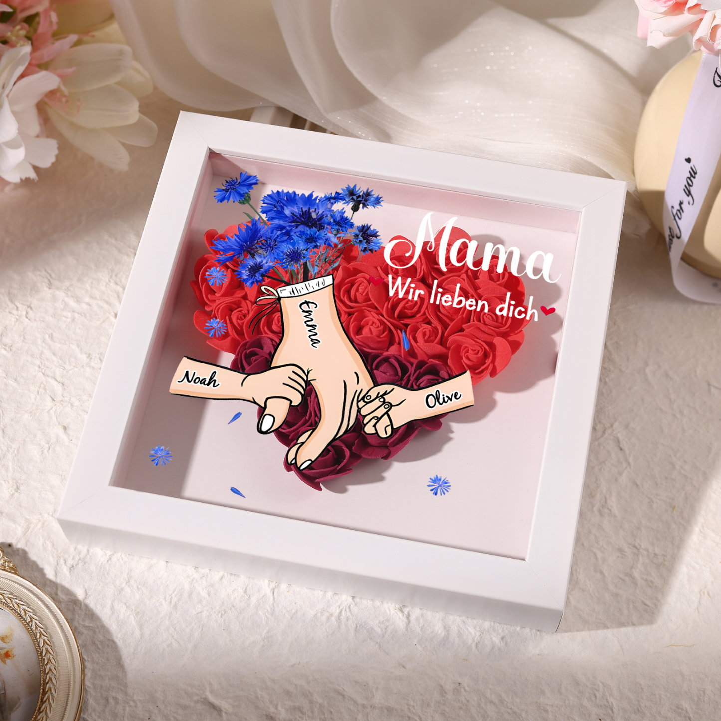 Mama Dichteplattenrahmen Deko-Personalisierbare 2-6 Namen-Hand in Hand-Blume Ornament für Mutter