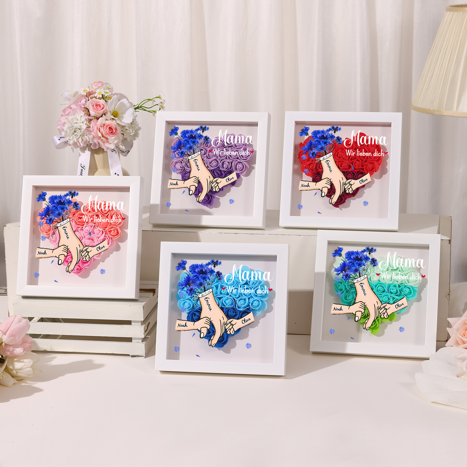 Mama Dichteplattenrahmen Deko-Personalisierbare 2-6 Namen-Hand in Hand-Blume Ornament für Mutter