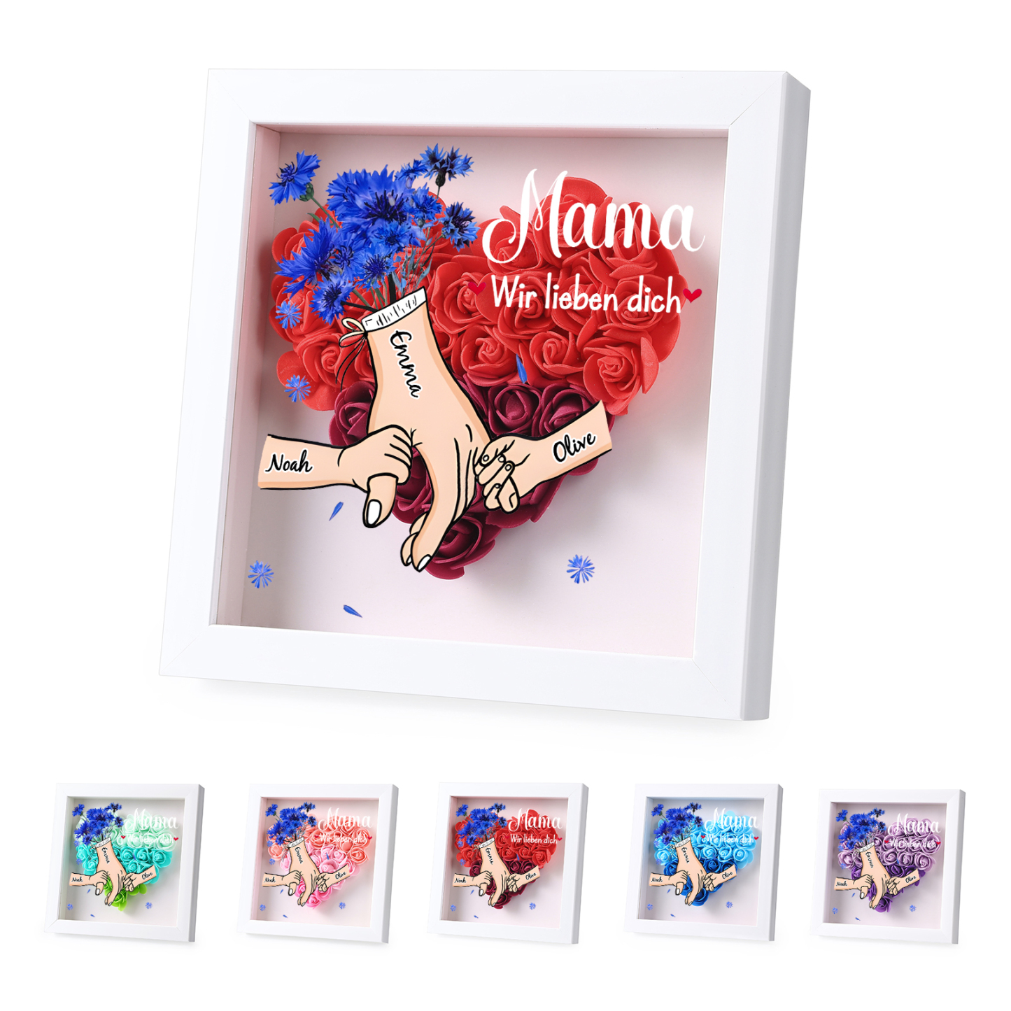 Mama Dichteplattenrahmen Deko-Personalisierbare 2-6 Namen-Hand in Hand-Blume Ornament für Mutter
