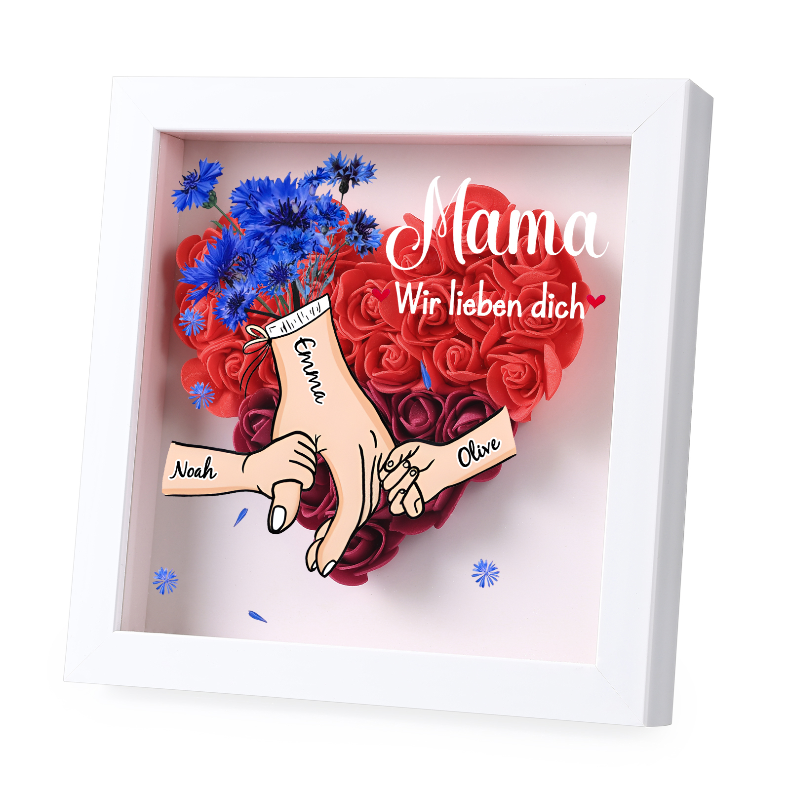 Mama Dichteplattenrahmen Deko-Personalisierbare 2-6 Namen-Hand in Hand-Blume Ornament für Mutter