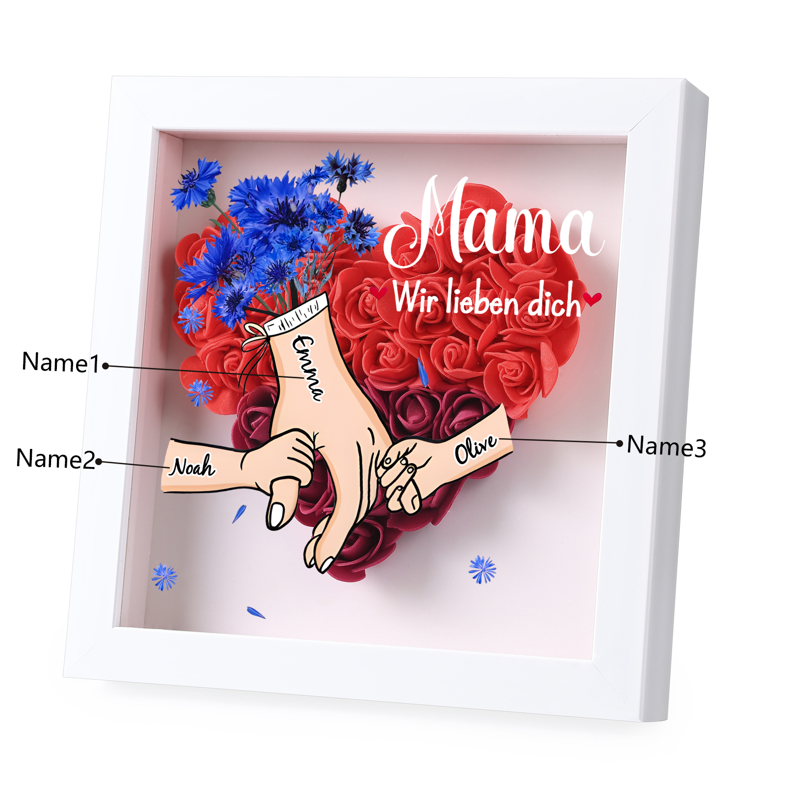 Mama Dichteplattenrahmen Deko-Personalisierbare 2-6 Namen-Hand in Hand-Blume Ornament für Mutter