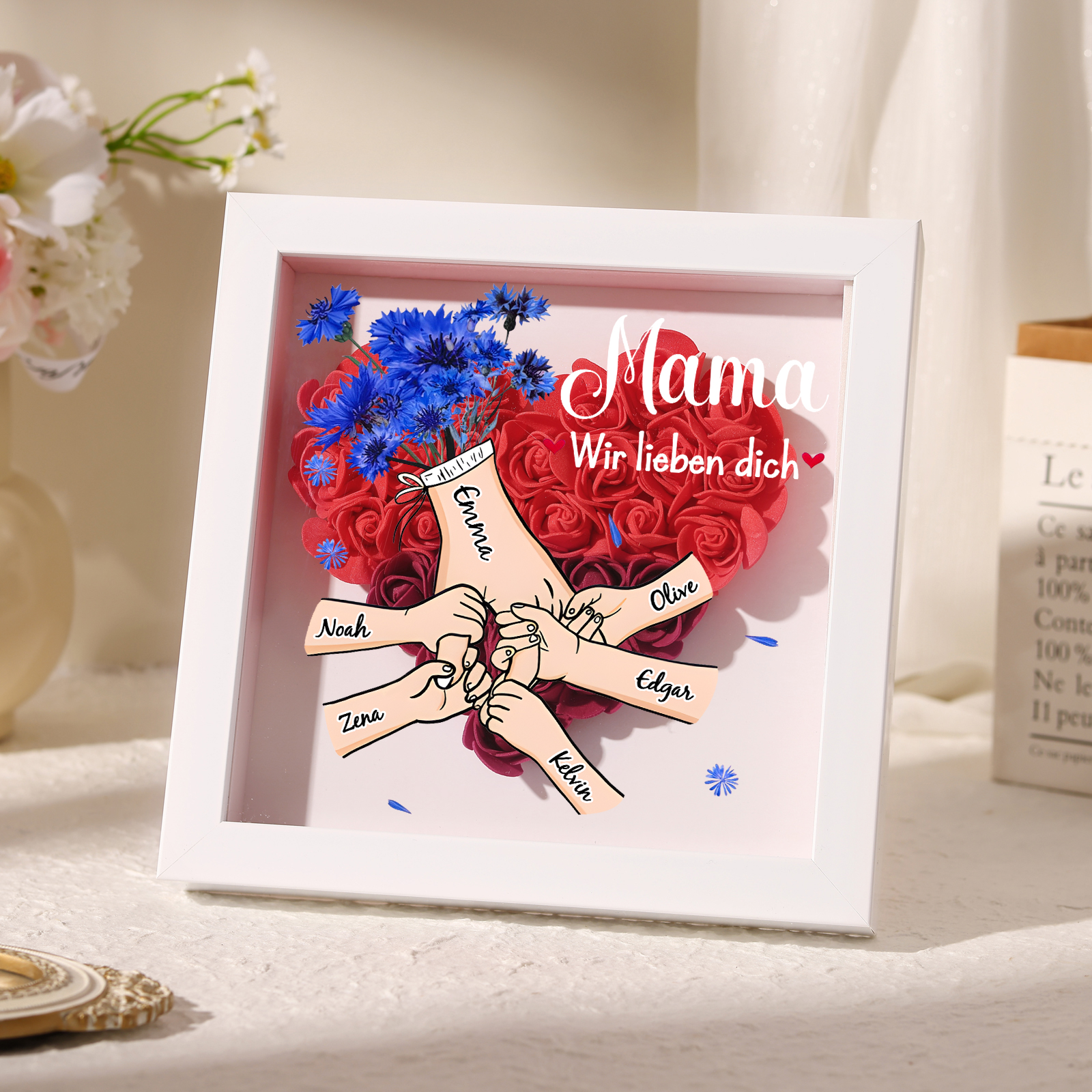Mama Dichteplattenrahmen Deko-Personalisierbare 2-6 Namen-Hand in Hand-Blume Ornament für Mutter