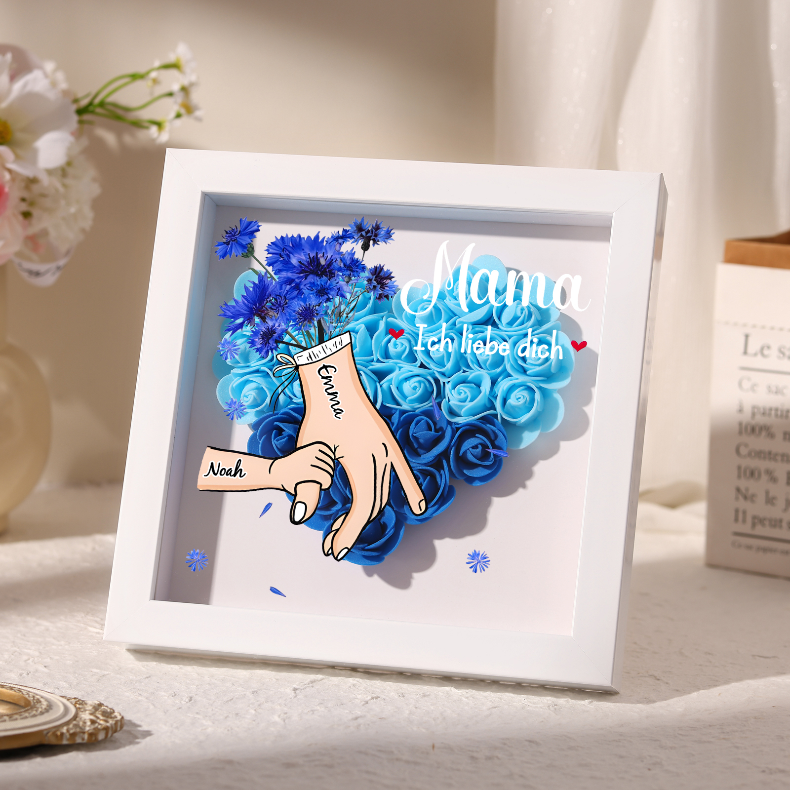 Mama Dichteplattenrahmen Deko-Personalisierbare 1 Name & Mama-Hand in Hand-Blume Ornament für Mutter