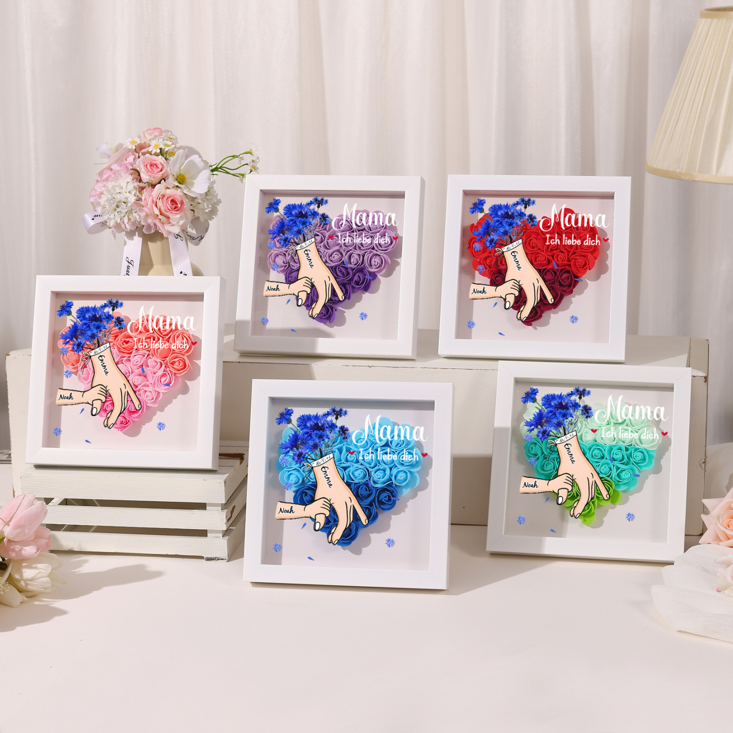 Mama Dichteplattenrahmen Deko-Personalisierbare 1 Name & Mama-Hand in Hand-Blume Ornament für Mutter