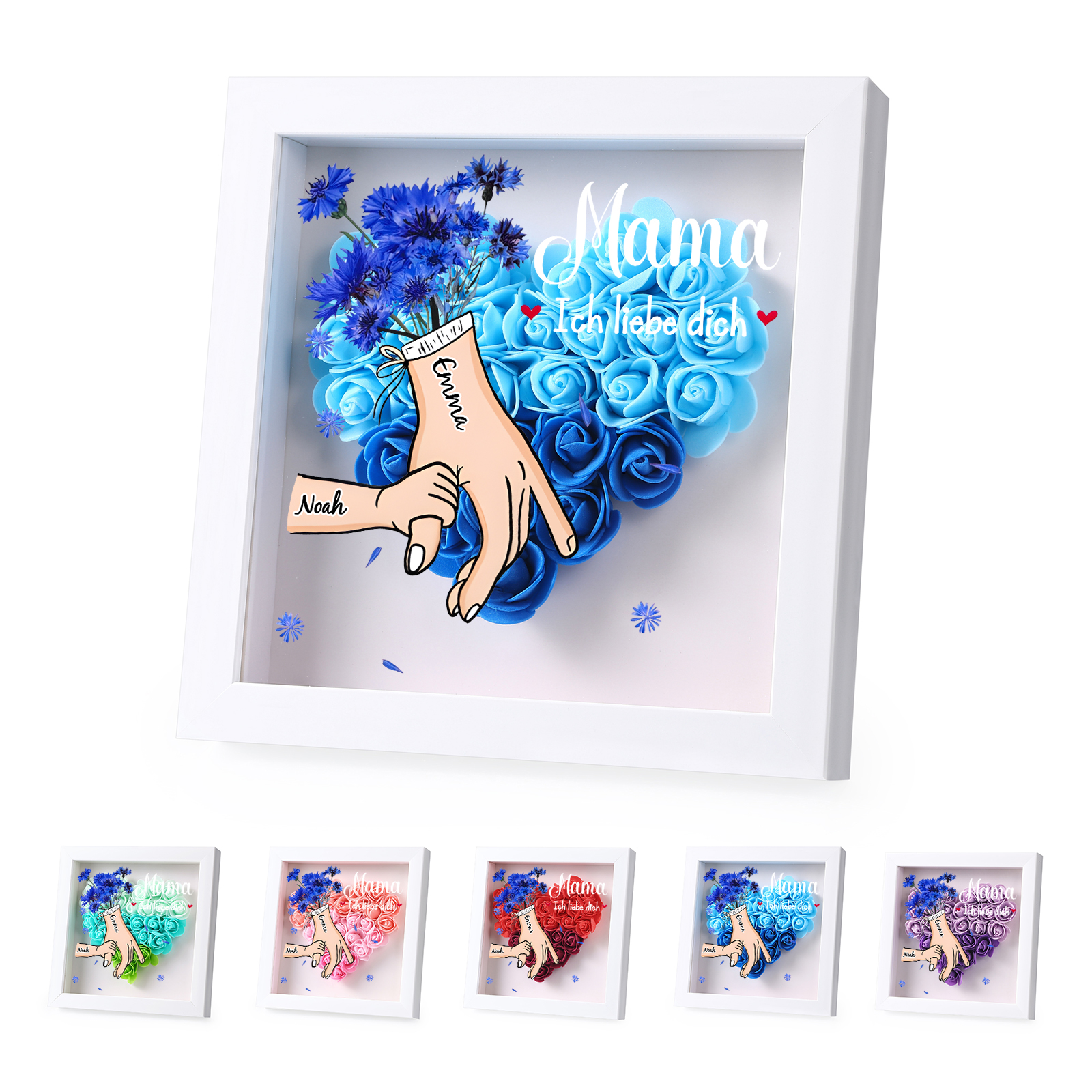 Mama Dichteplattenrahmen Deko-Personalisierbare 1 Name & Mama-Hand in Hand-Blume Ornament für Mutter