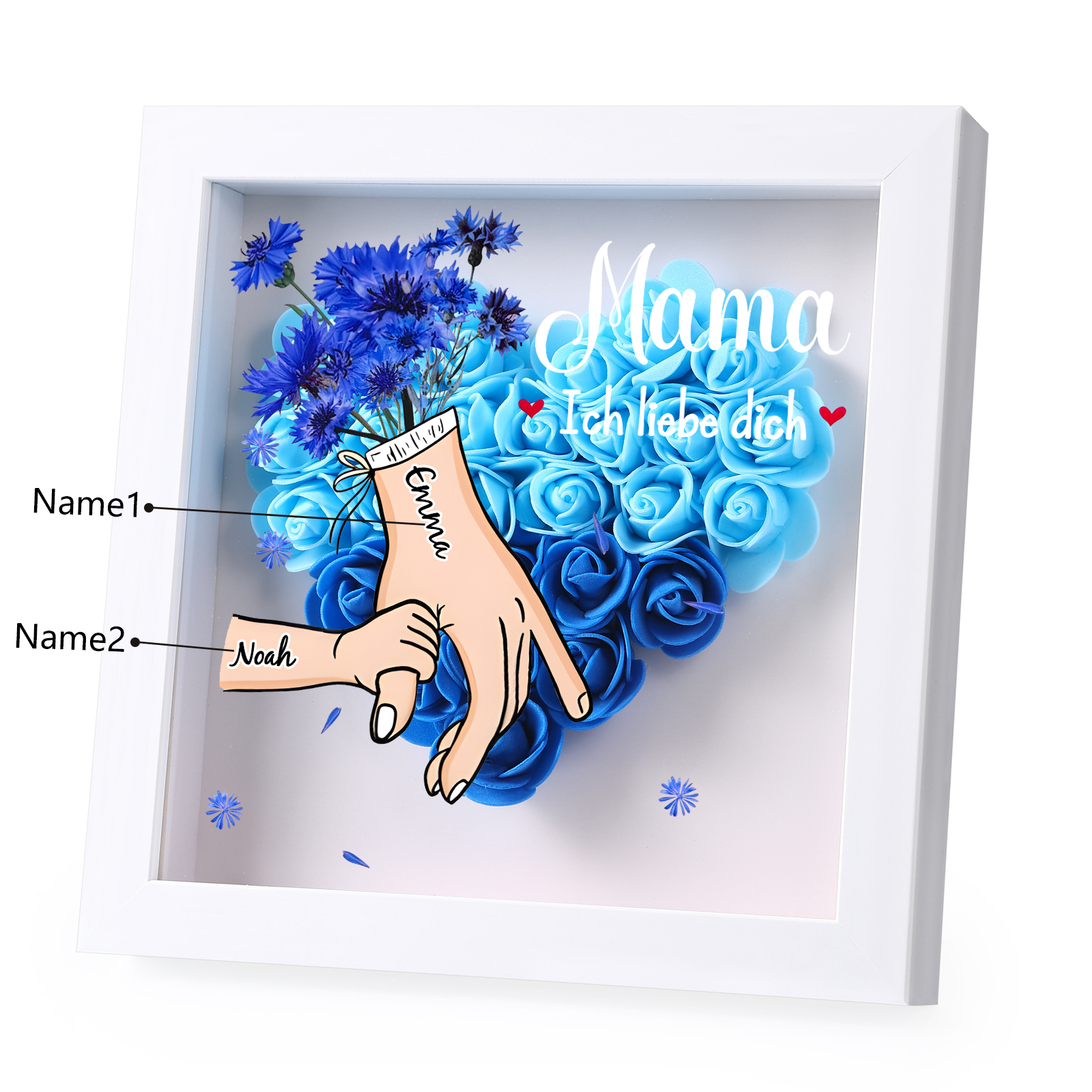 Mama Dichteplattenrahmen Deko-Personalisierbare 1 Name & Mama-Hand in Hand-Blume Ornament für Mutter