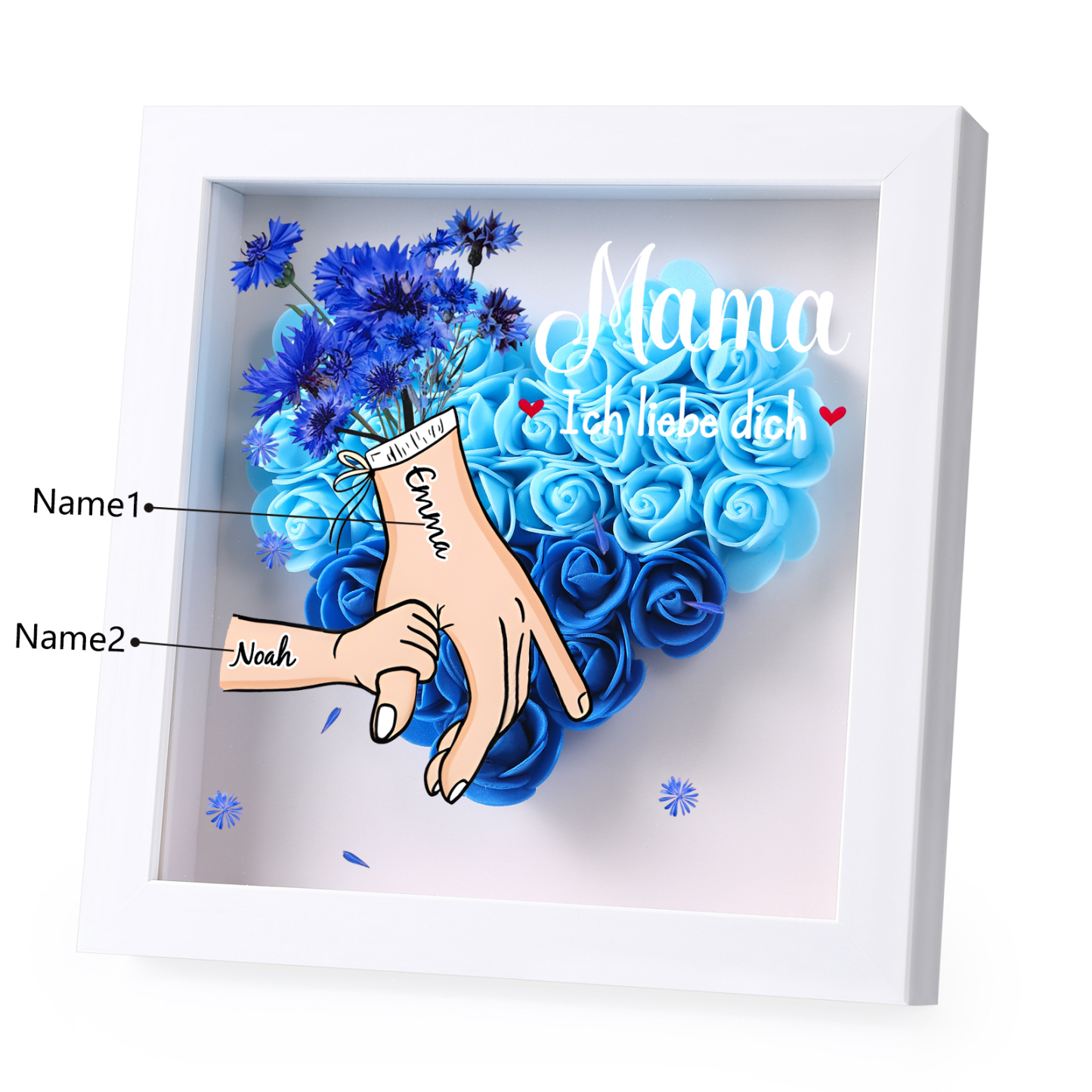 Mama Dichteplattenrahmen Deko-Personalisierbare 1 Name & Mama-Hand in Hand-Blume Ornament für Mutter