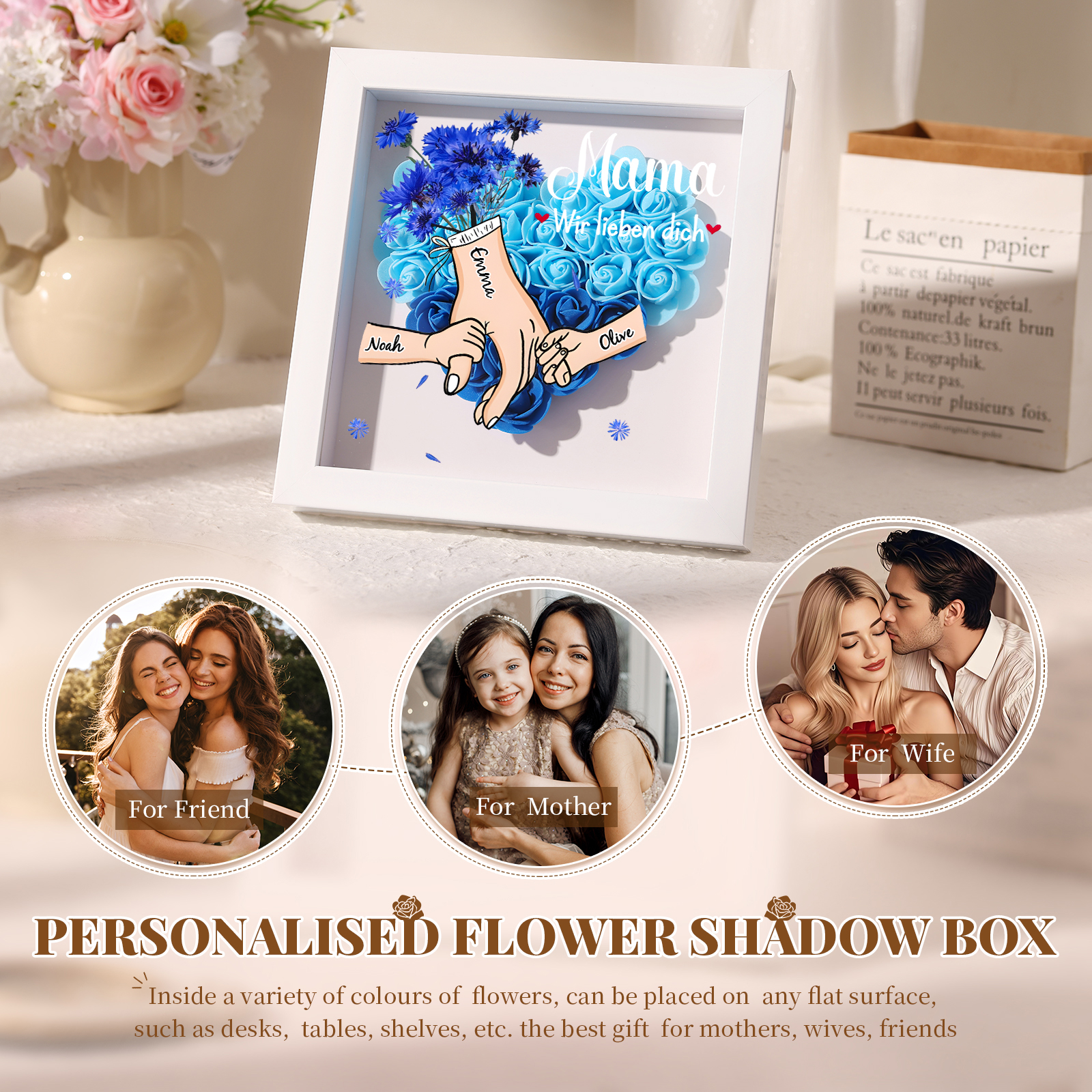 Mama Dichteplattenrahmen Deko-Personalisierbare 2-6 Namen-Hand in Hand-Blume Ornament für Mutter