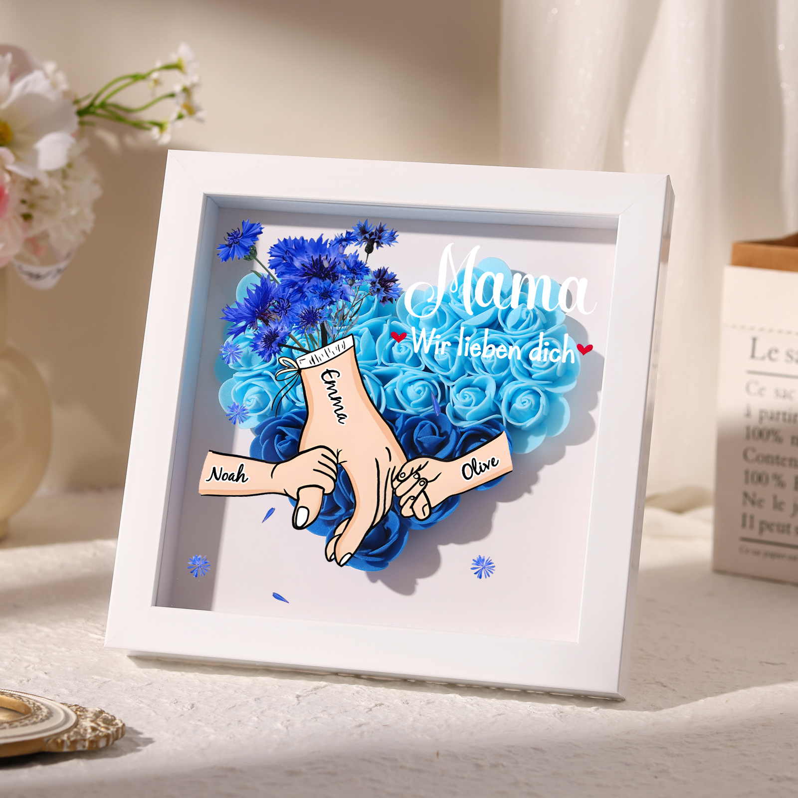 Mama Dichteplattenrahmen Deko-Personalisierbare 2-6 Namen-Hand in Hand-Blume Ornament für Mutter