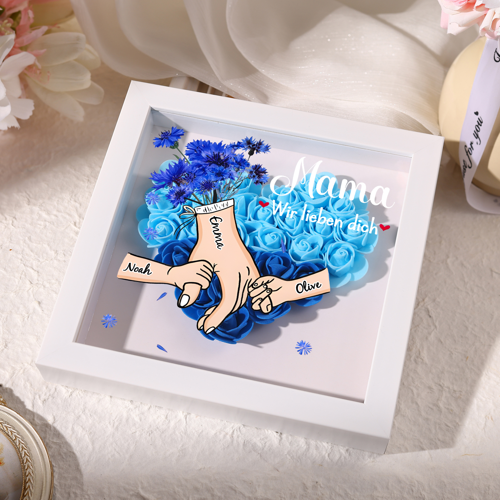 Mama Dichteplattenrahmen Deko-Personalisierbare 2-6 Namen-Hand in Hand-Blume Ornament für Mutter
