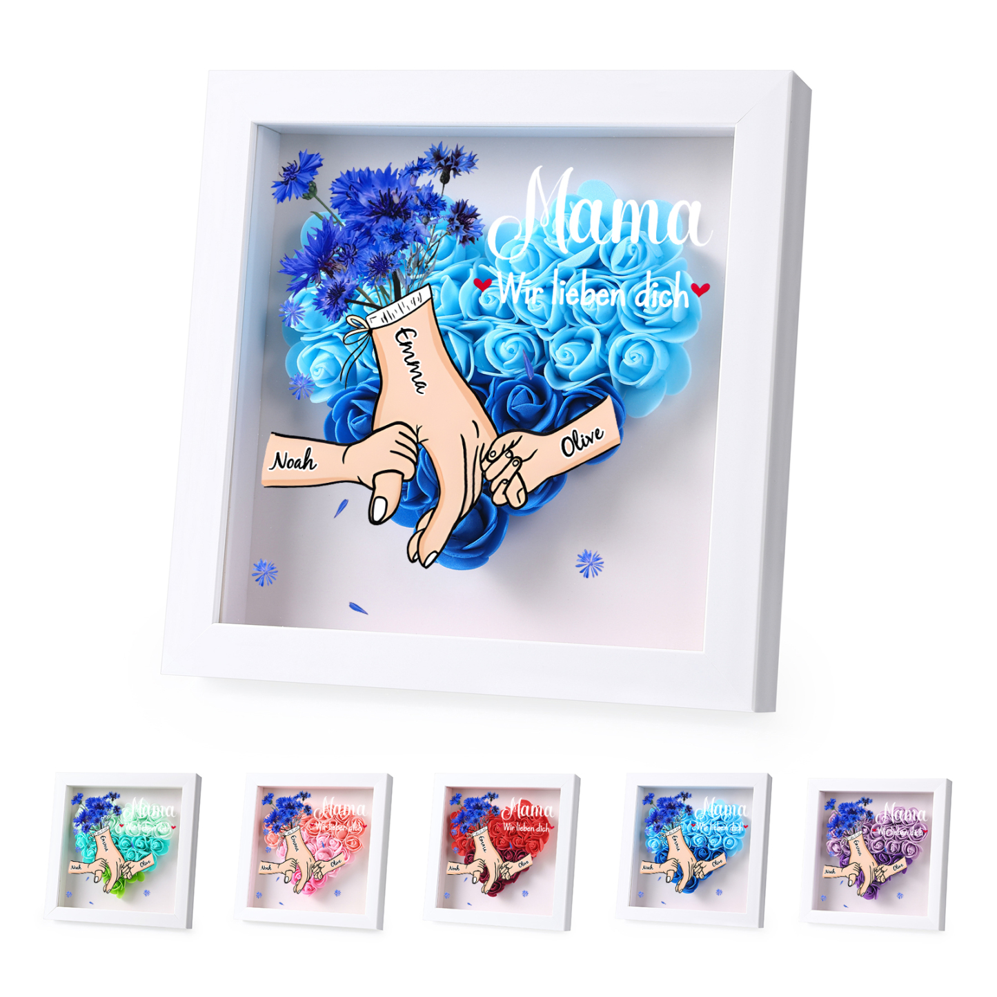 Mama Dichteplattenrahmen Deko-Personalisierbare 2-6 Namen-Hand in Hand-Blume Ornament für Mutter