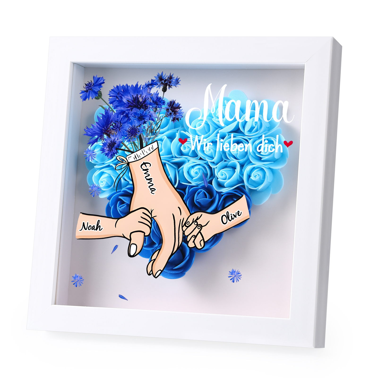 Mama Dichteplattenrahmen Deko-Personalisierbare 2-6 Namen-Hand in Hand-Blume Ornament für Mutter