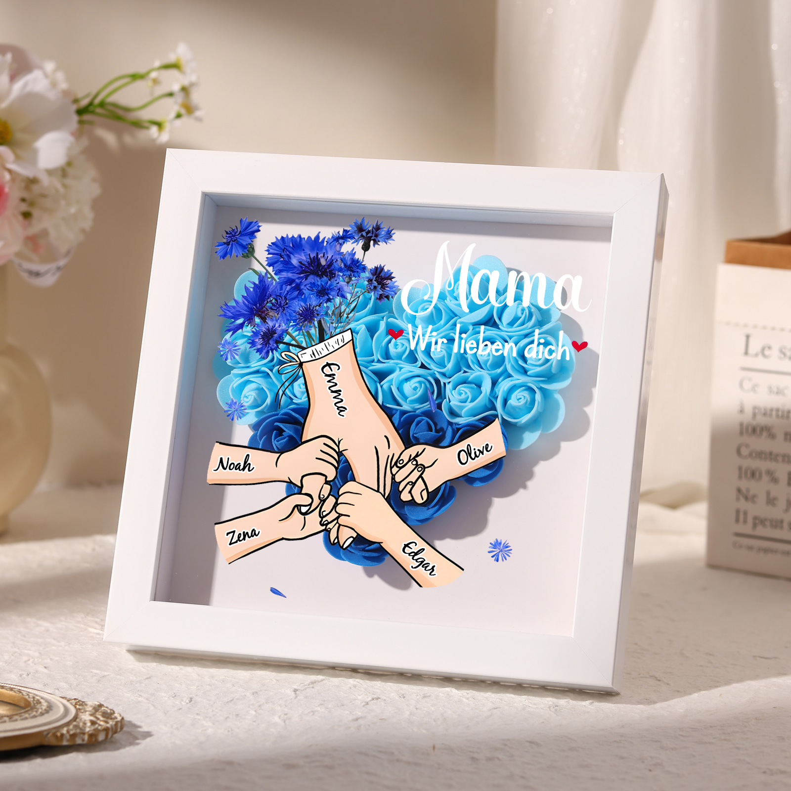 Mama Dichteplattenrahmen Deko-Personalisierbare 2-6 Namen-Hand in Hand-Blume Ornament für Mutter