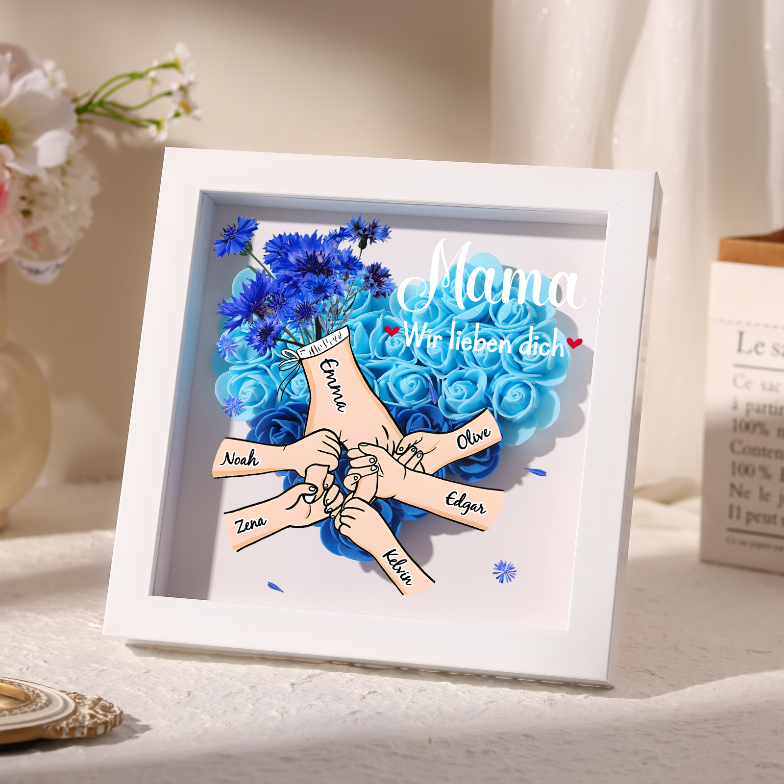 Mama Dichteplattenrahmen Deko-Personalisierbare 2-6 Namen-Hand in Hand-Blume Ornament für Mutter