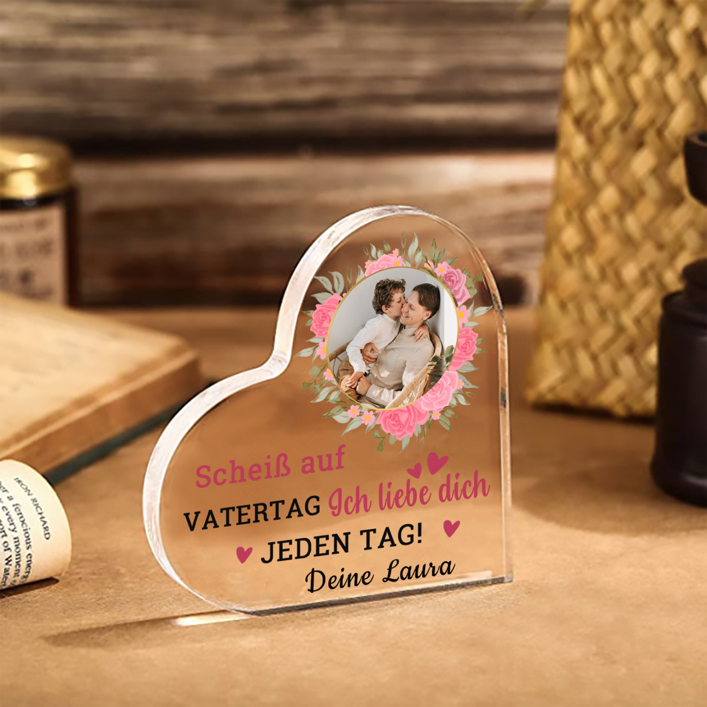 Personalisierte Text & Foto Herz Acryl-Deko-Scheiß auf VATERTAG Ich liebe dich/ Wir lieben dich JEDEN TAG! -Schreibtischdekoration für Papa