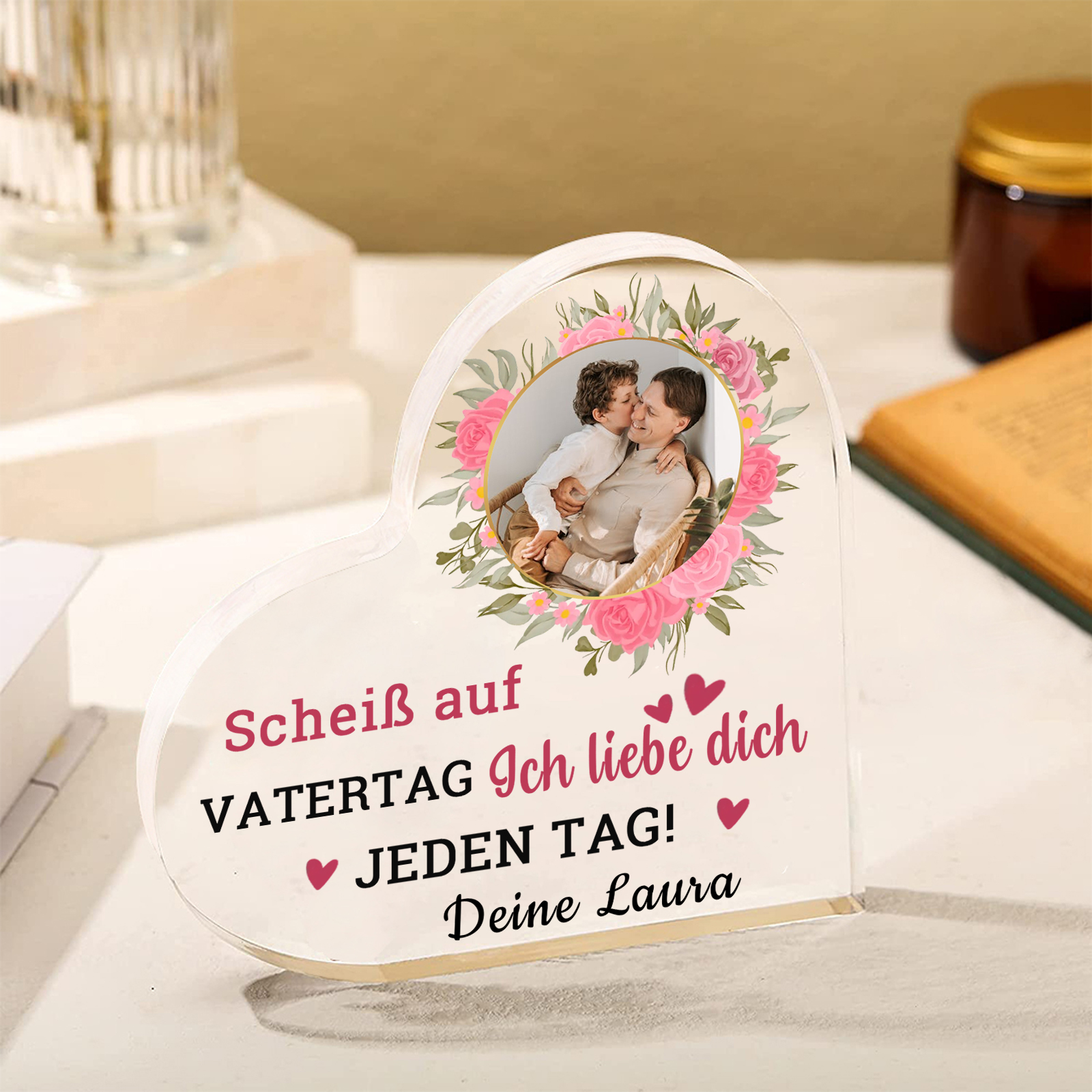 Personalisierte Text & Foto Herz Acryl-Deko-Scheiß auf VATERTAG Ich liebe dich/ Wir lieben dich JEDEN TAG! -Schreibtischdekoration für Papa