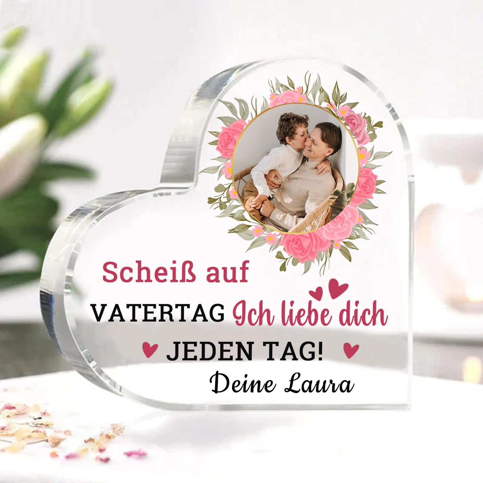 Personalisierte Text & Foto Herz Acryl-Deko-Scheiß auf VATERTAG Ich liebe dich/ Wir lieben dich JEDEN TAG! -Schreibtischdekoration für Papa