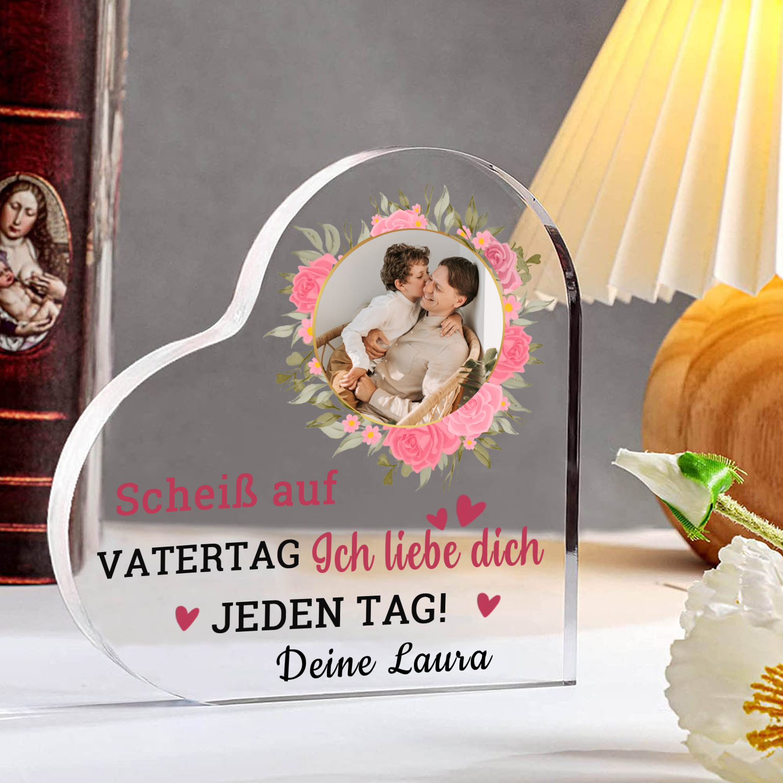 Personalisierte Text & Foto Herz Acryl-Deko-Scheiß auf VATERTAG Ich liebe dich/ Wir lieben dich JEDEN TAG! -Schreibtischdekoration für Papa